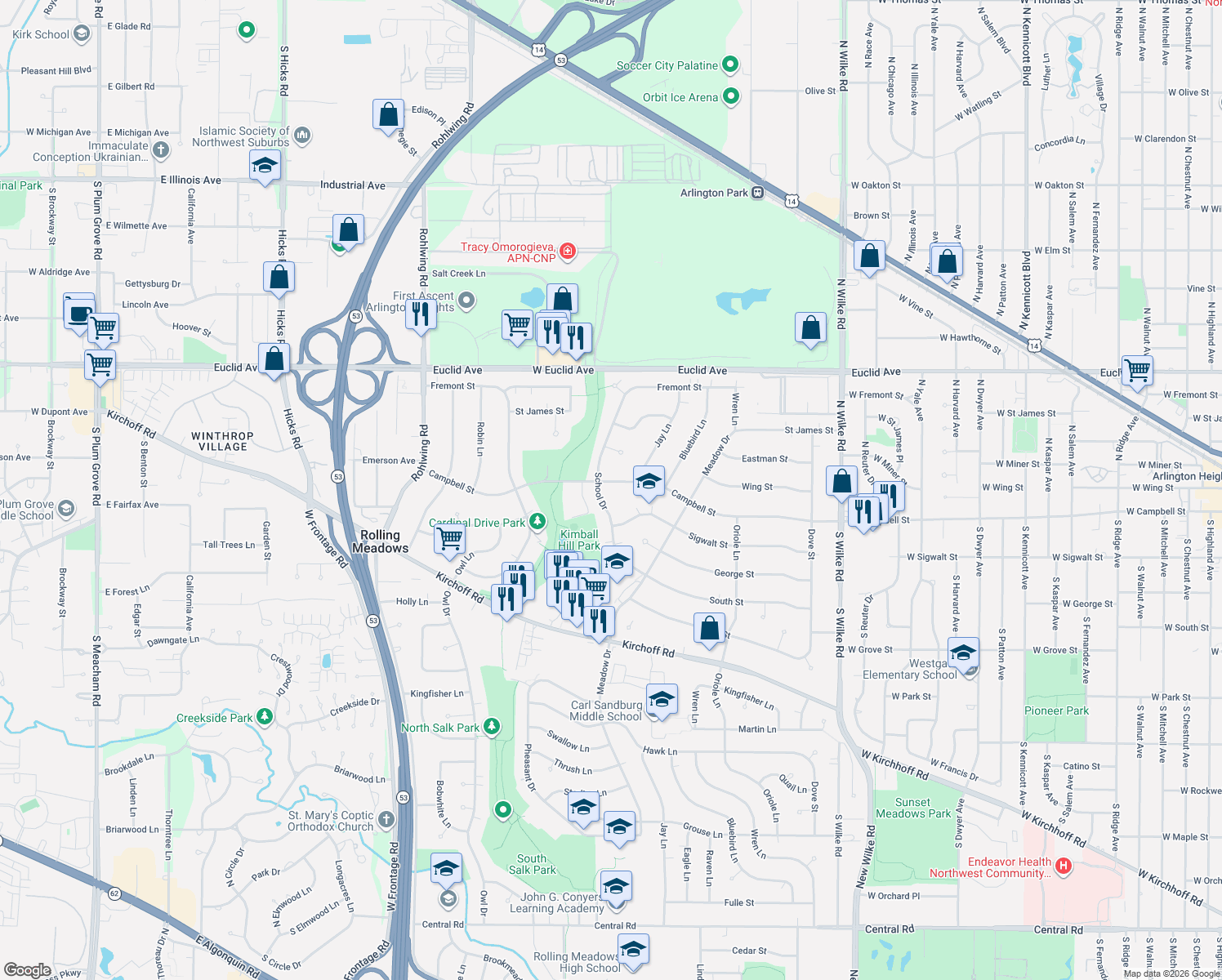 map of restaurants, bars, coffee shops, grocery stores, and more near 2905 Campbell Street in Rolling Meadows