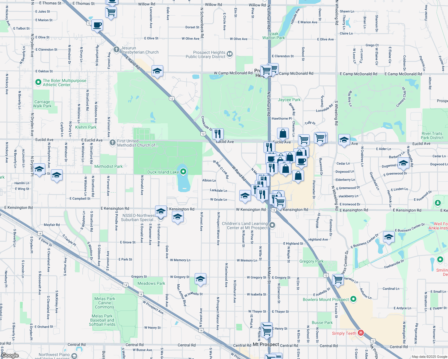 map of restaurants, bars, coffee shops, grocery stores, and more near 421 West Bob O Link Road in Mount Prospect