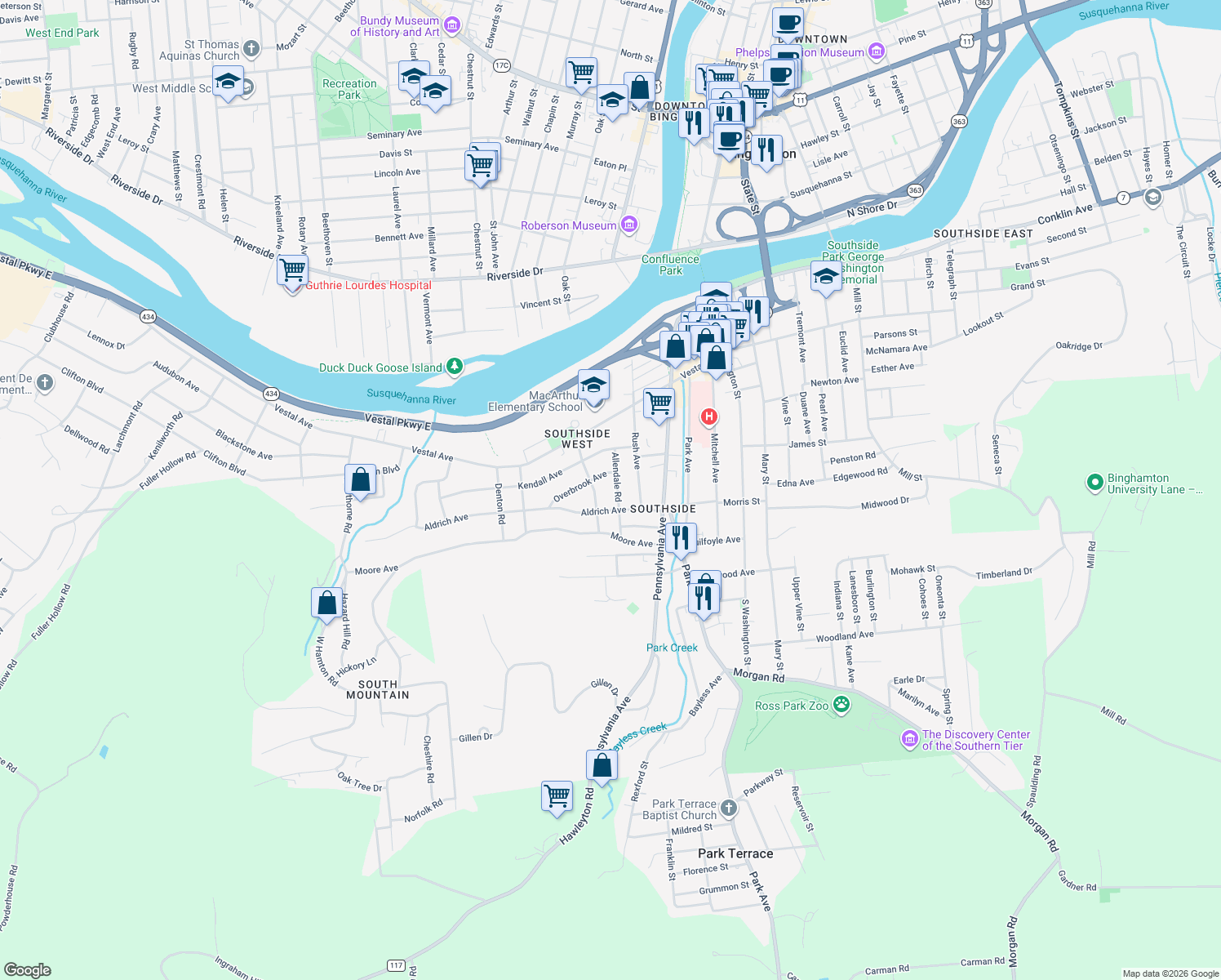 map of restaurants, bars, coffee shops, grocery stores, and more near 18 Allendale Rd in Binghamton