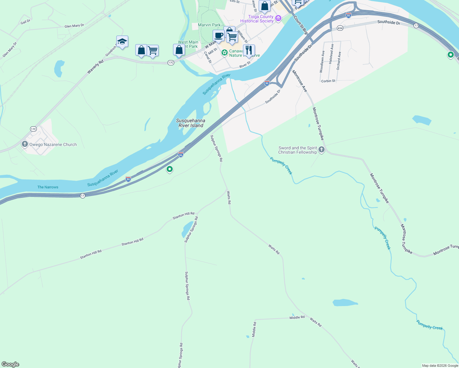 map of restaurants, bars, coffee shops, grocery stores, and more near 407 Sulpher Springs Rd in Owego