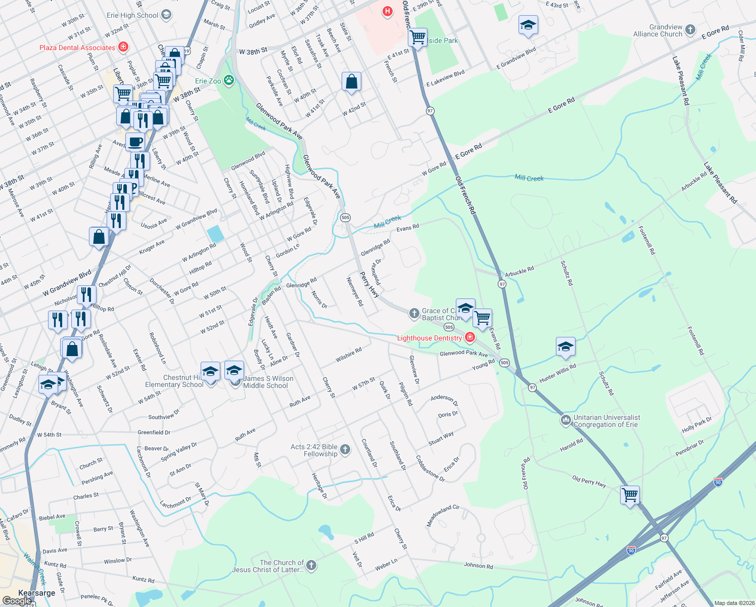 map of restaurants, bars, coffee shops, grocery stores, and more near 5437 Cray Rd in Erie