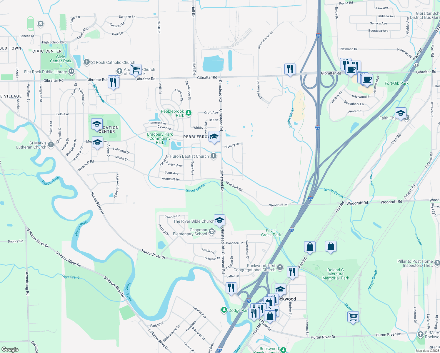 map of restaurants, bars, coffee shops, grocery stores, and more near 23026 Woodruff Road in Flat Rock