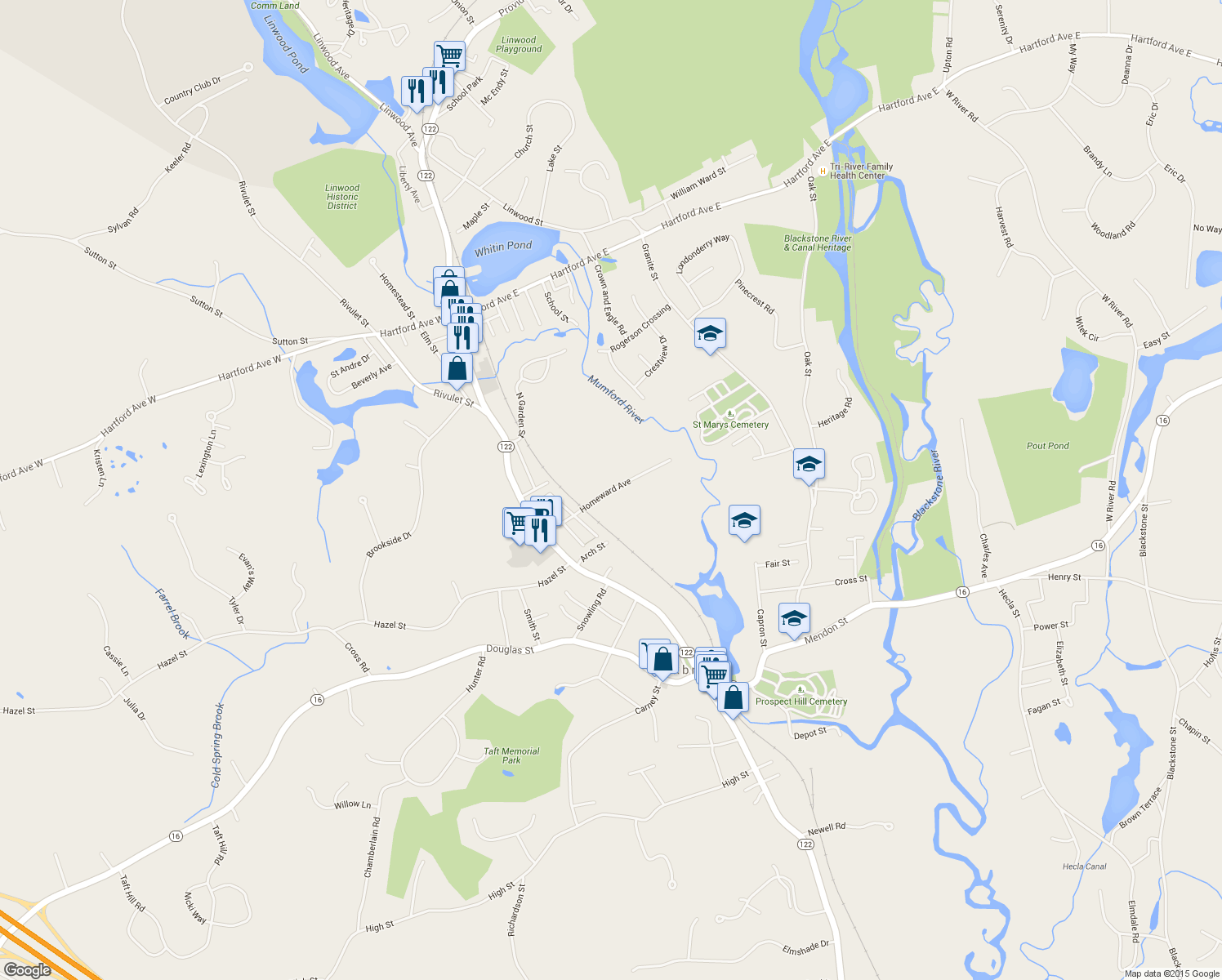 map of restaurants, bars, coffee shops, grocery stores, and more near 90 Homeward Avenue in Uxbridge
