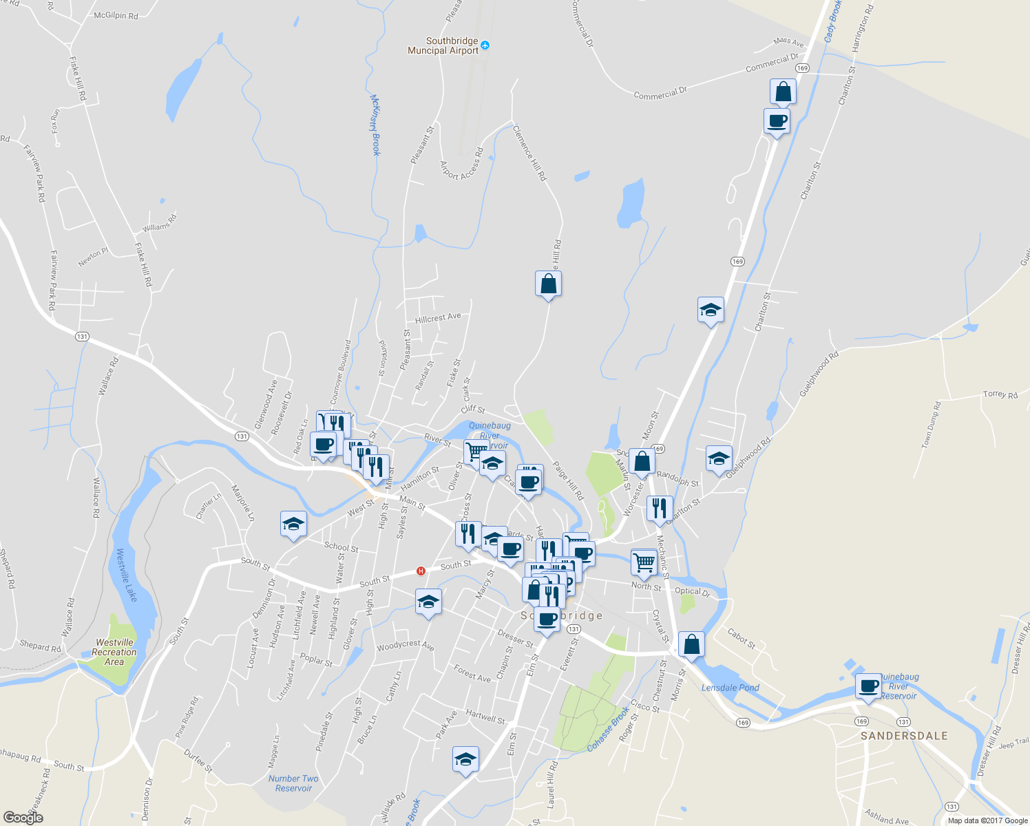 map of restaurants, bars, coffee shops, grocery stores, and more near 143 Clemence Hill Road in Southbridge