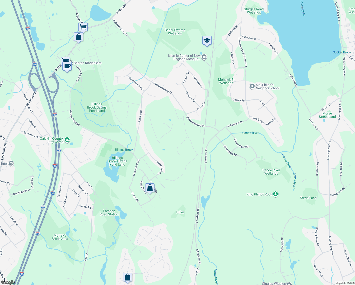 map of restaurants, bars, coffee shops, grocery stores, and more near 11 Black Elk Road in Sharon