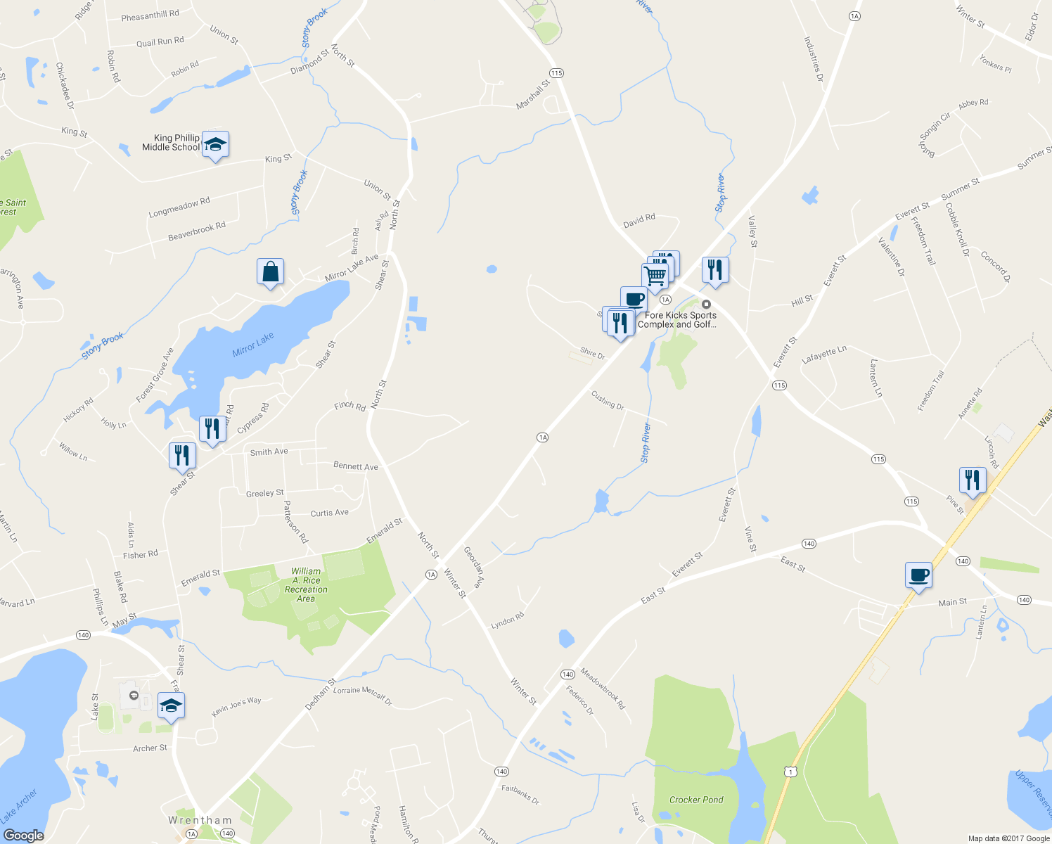 map of restaurants, bars, coffee shops, grocery stores, and more near 635 Dedham Street in Wrentham