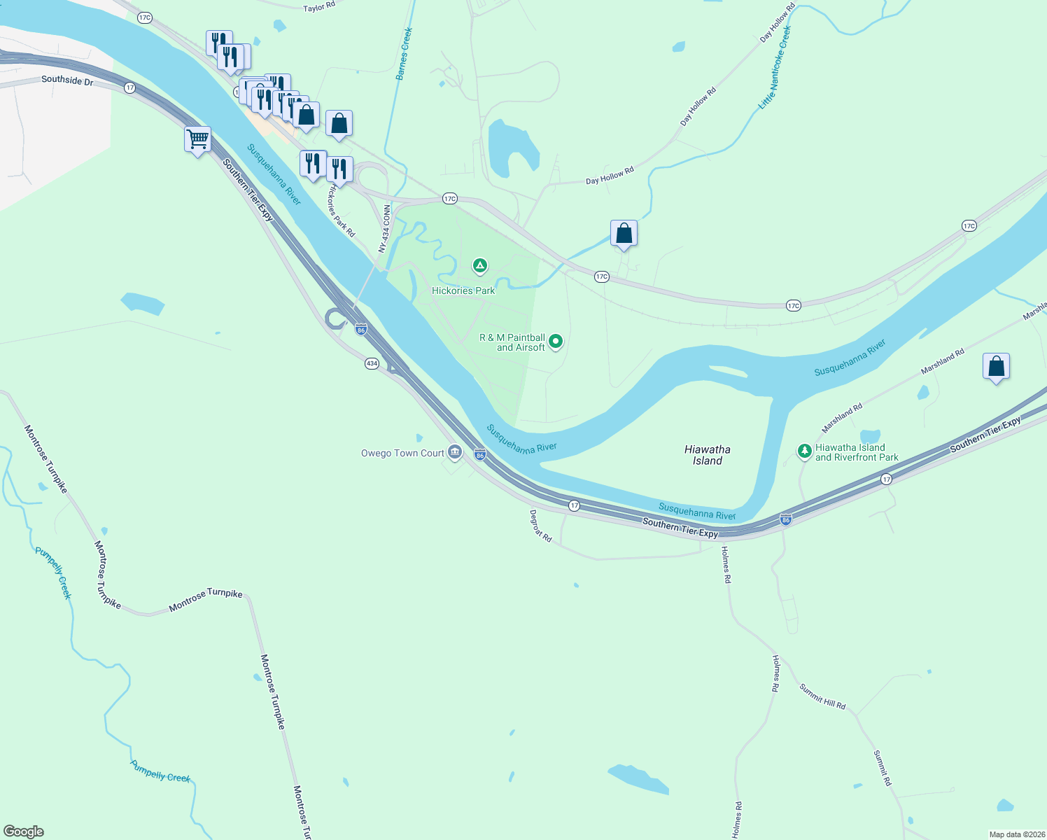 map of restaurants, bars, coffee shops, grocery stores, and more near 554 Miller Beech Rd in Owego
