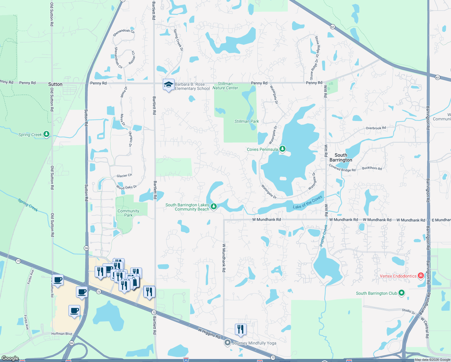 map of restaurants, bars, coffee shops, grocery stores, and more near 13 Lexington Road in South Barrington
