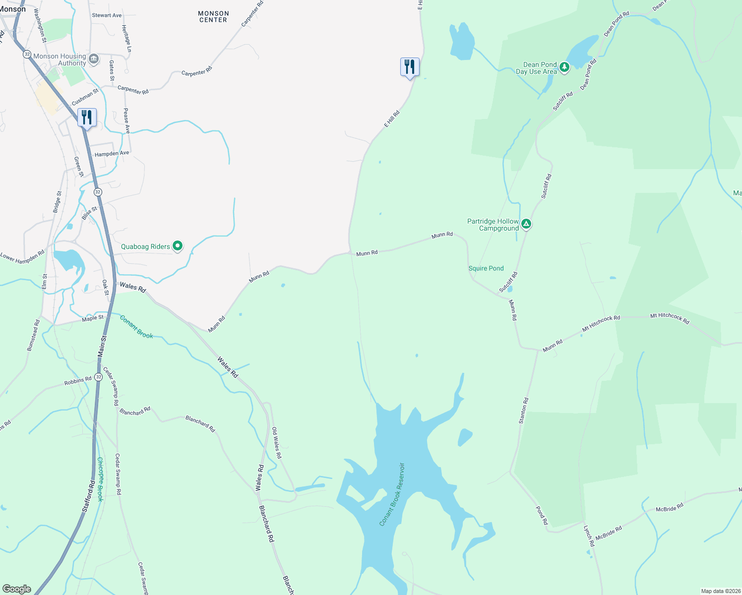 map of restaurants, bars, coffee shops, grocery stores, and more near 216 East Hill Road in Monson