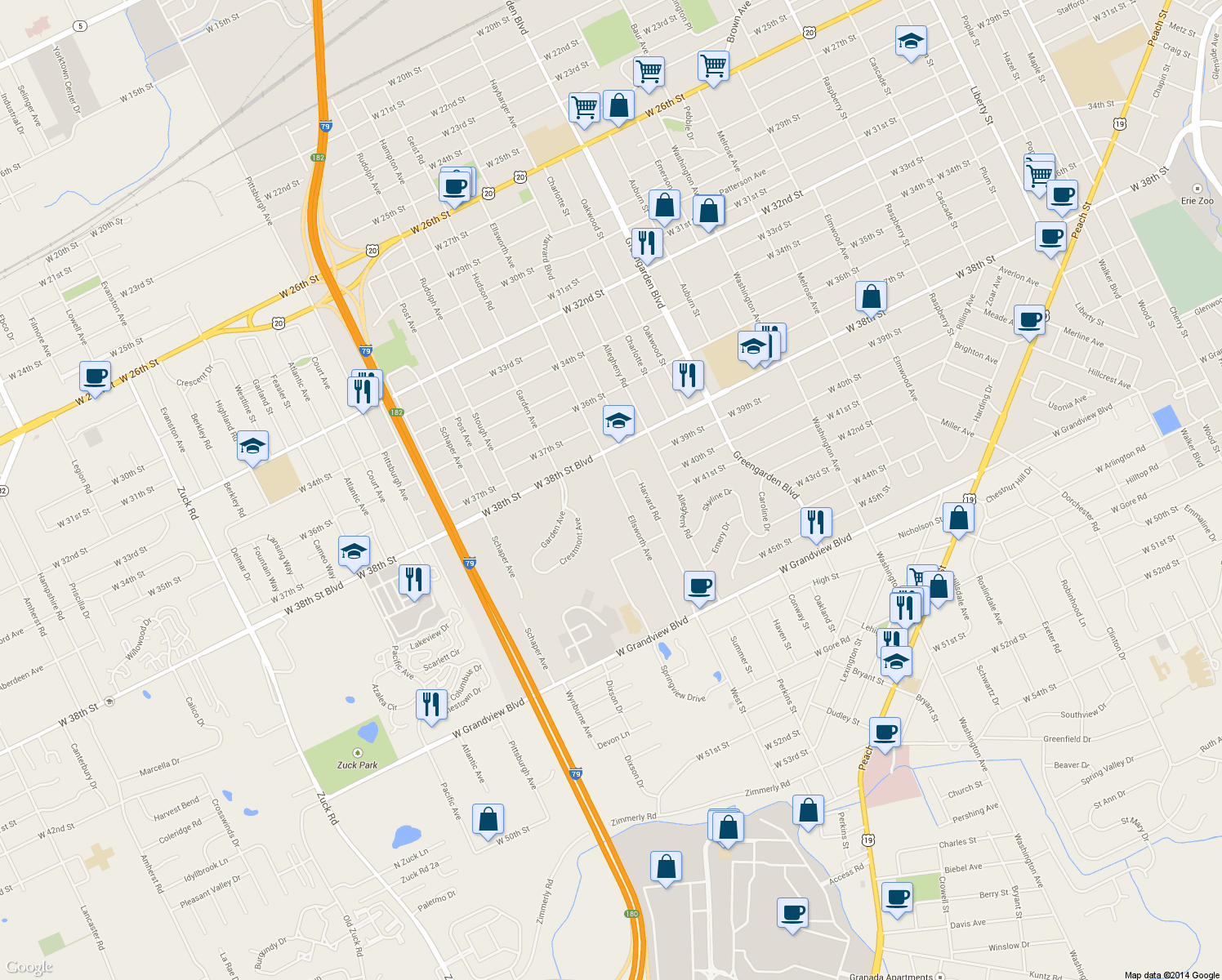 map of restaurants, bars, coffee shops, grocery stores, and more near 3910 Ellsworth Ave in Erie