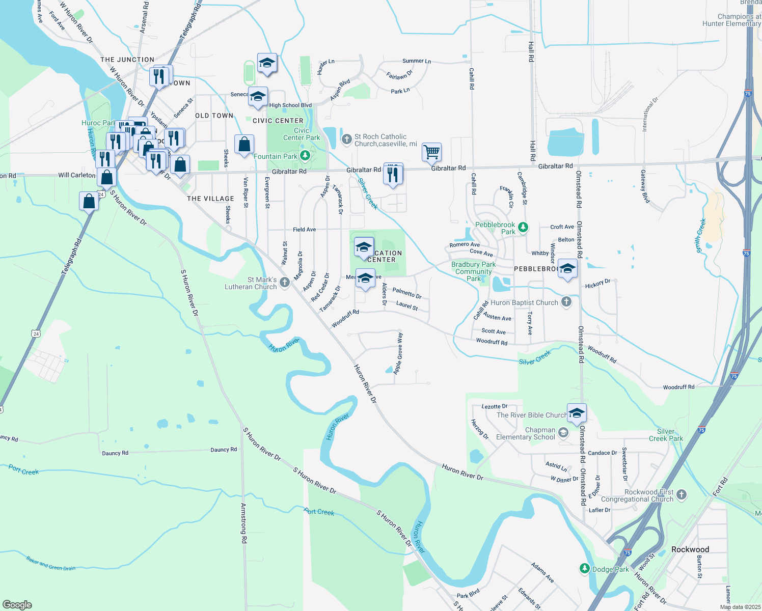 map of restaurants, bars, coffee shops, grocery stores, and more near 29824 Alders Drive in Flat Rock