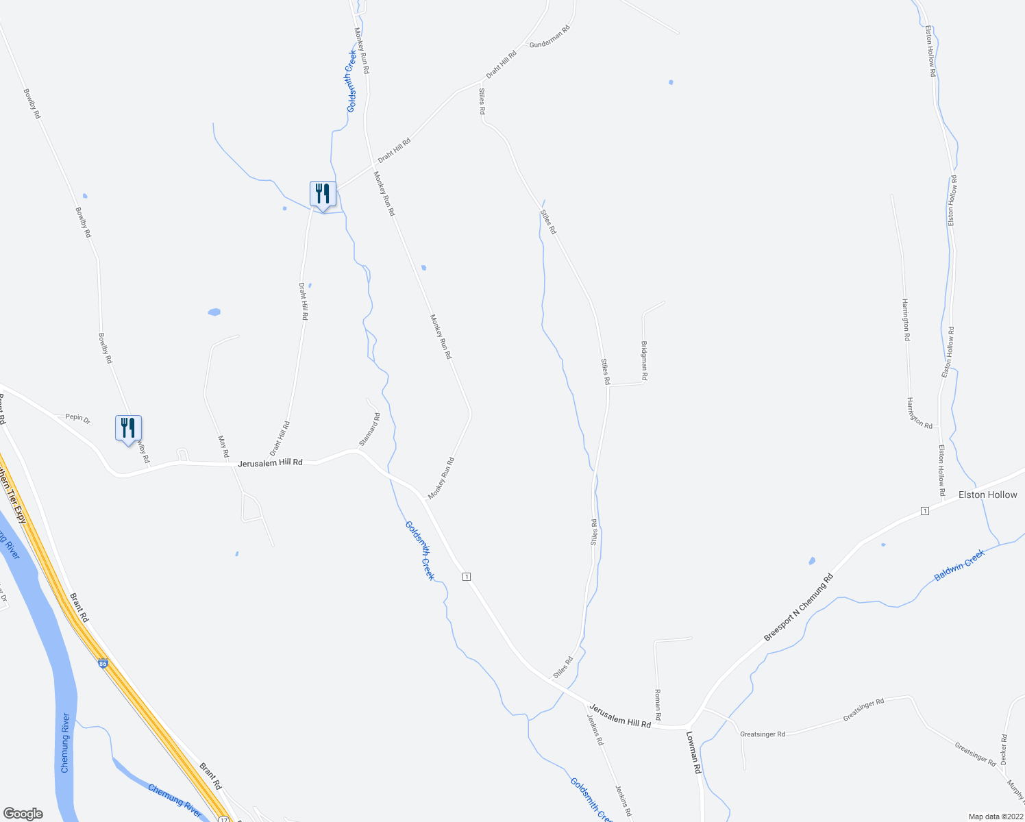map of restaurants, bars, coffee shops, grocery stores, and more near 76 Monkey Run Road in Elmira