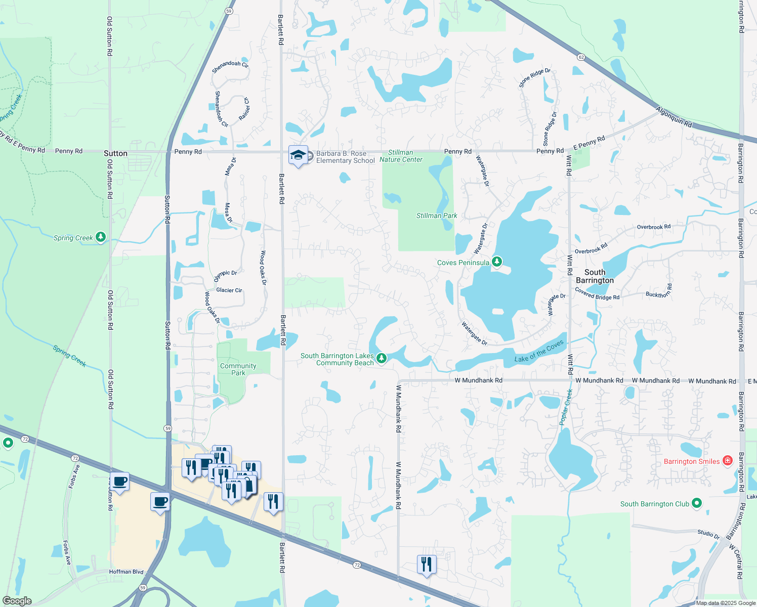 map of restaurants, bars, coffee shops, grocery stores, and more near 23 Lexington Road in South Barrington