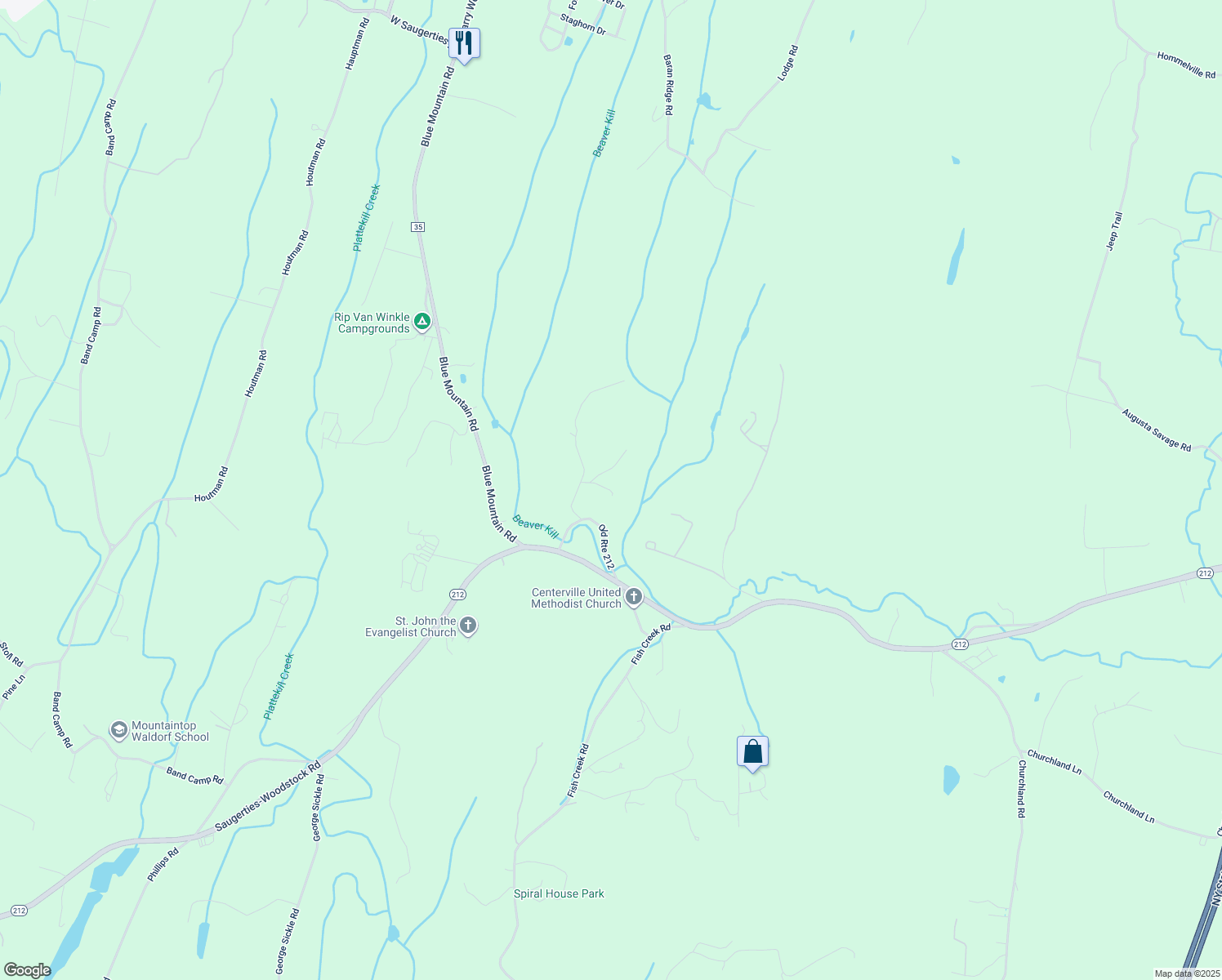 map of restaurants, bars, coffee shops, grocery stores, and more near 18 Browns Lane in Saugerties