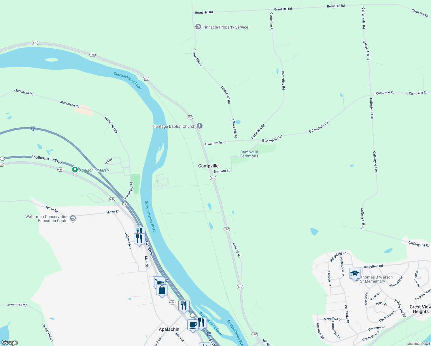 map of restaurants, bars, coffee shops, grocery stores, and more near 30 Brainard Street in Endicott