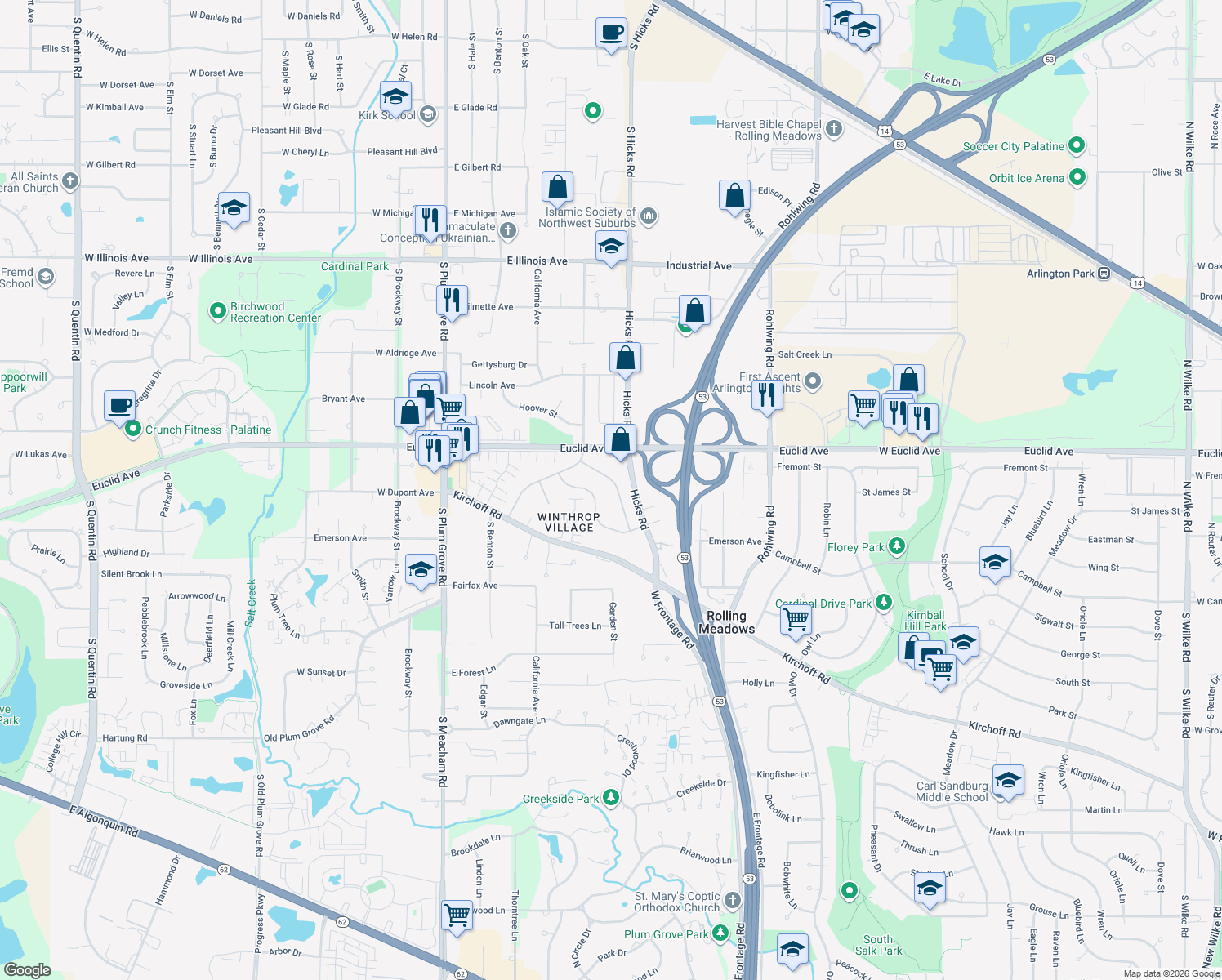 map of restaurants, bars, coffee shops, grocery stores, and more near 2103 Adams Street in Rolling Meadows