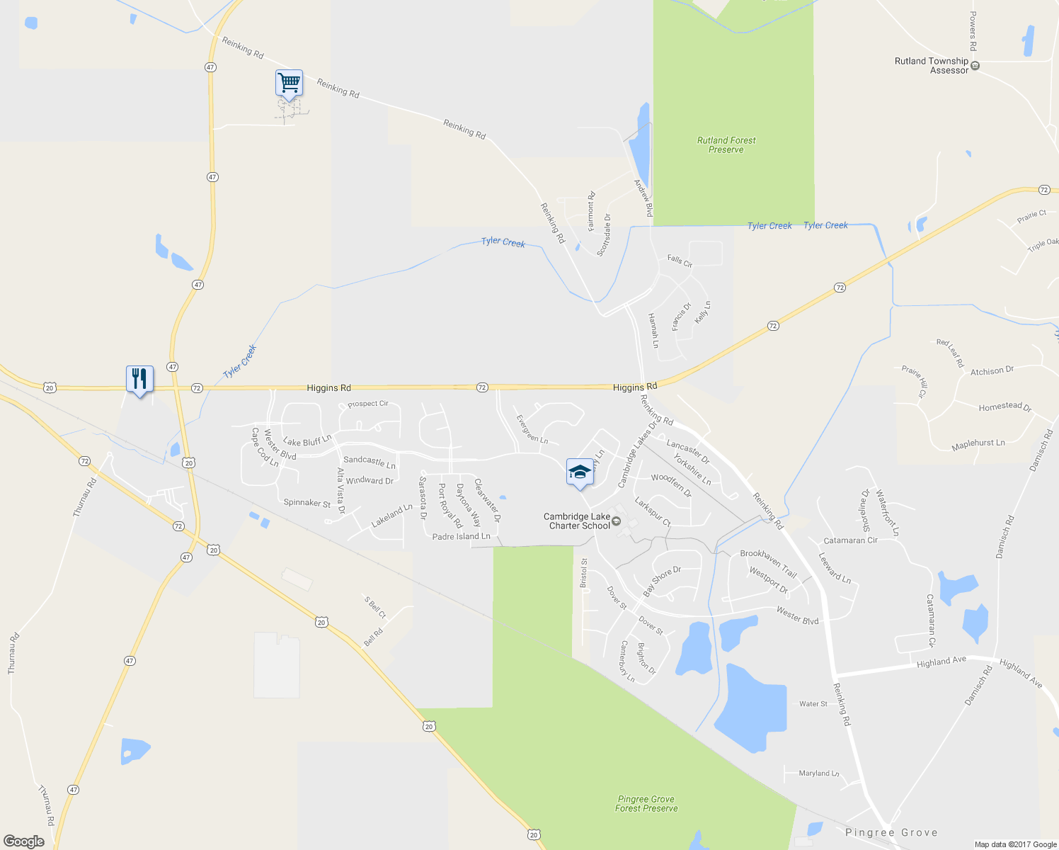 map of restaurants, bars, coffee shops, grocery stores, and more near 1149 White Pine Trail in Pingree Grove