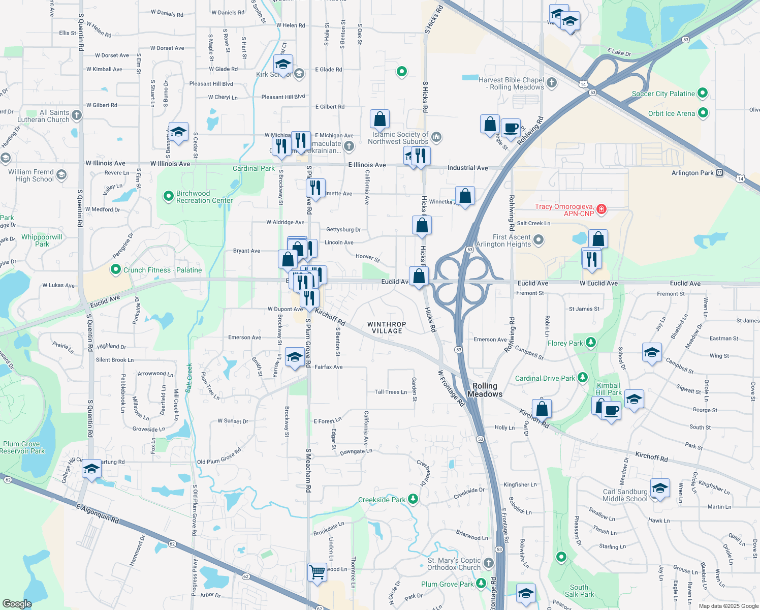 map of restaurants, bars, coffee shops, grocery stores, and more near 4373 Wilson Ave in Rolling Meadows