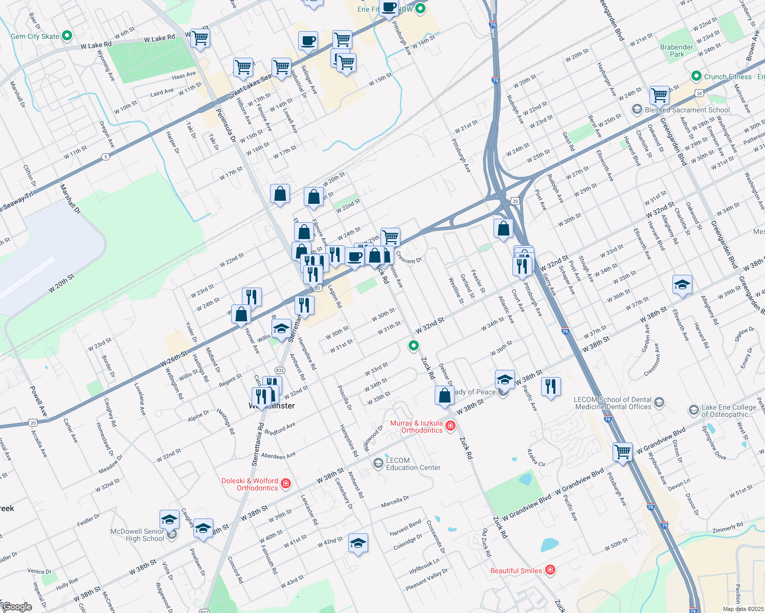 map of restaurants, bars, coffee shops, grocery stores, and more near 2911 Cheryl Court in Erie