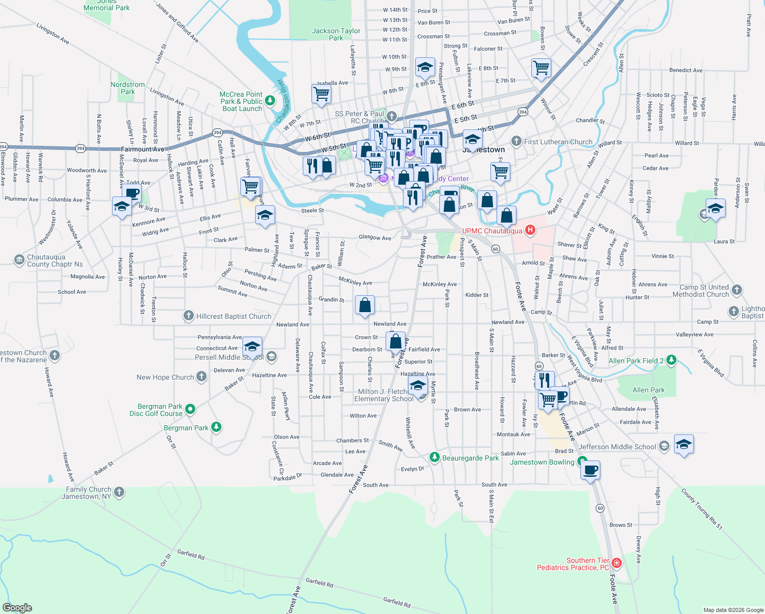 map of restaurants, bars, coffee shops, grocery stores, and more near 140 Barrett Avenue in Jamestown
