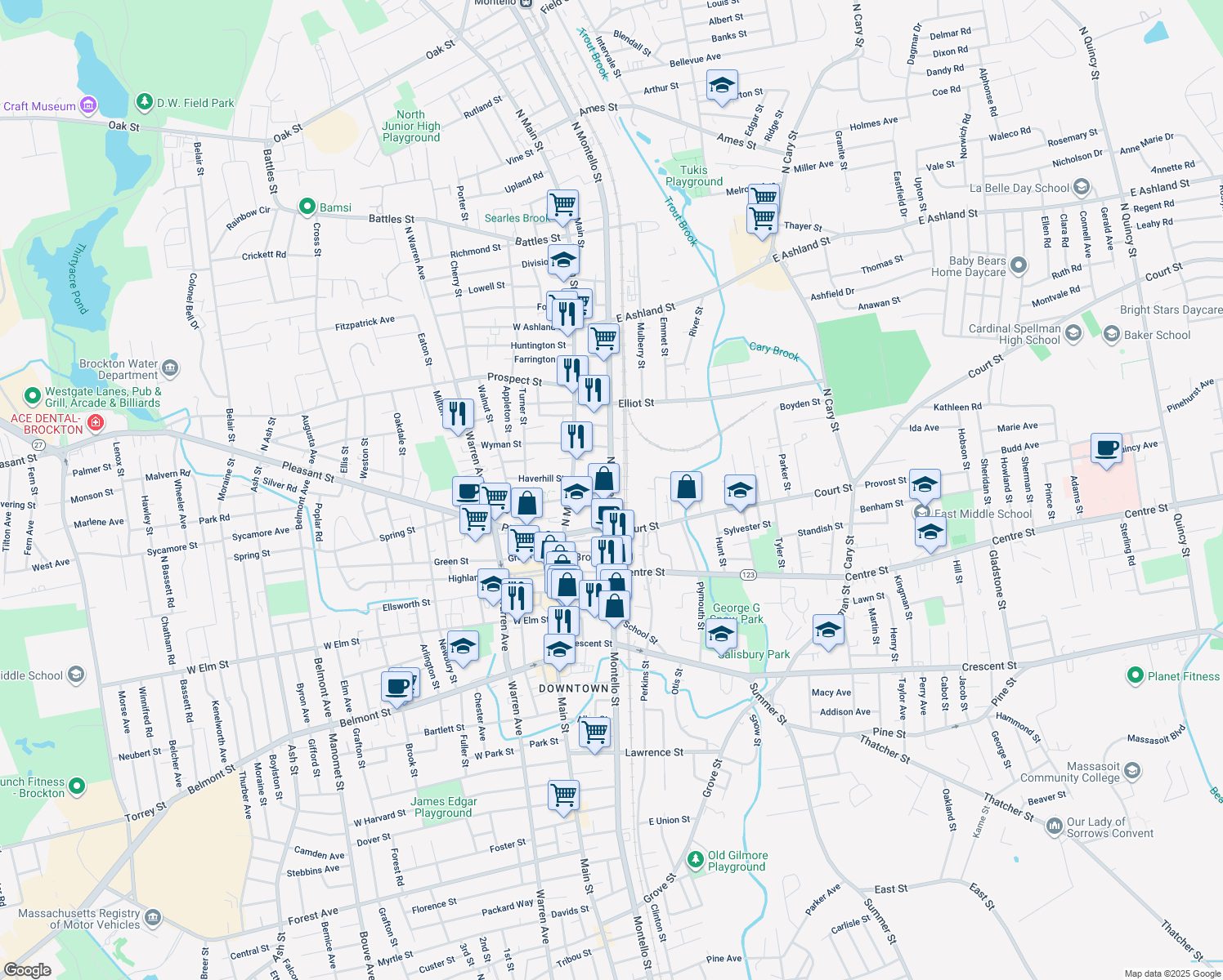 map of restaurants, bars, coffee shops, grocery stores, and more near 69 North Montello Street in Brockton