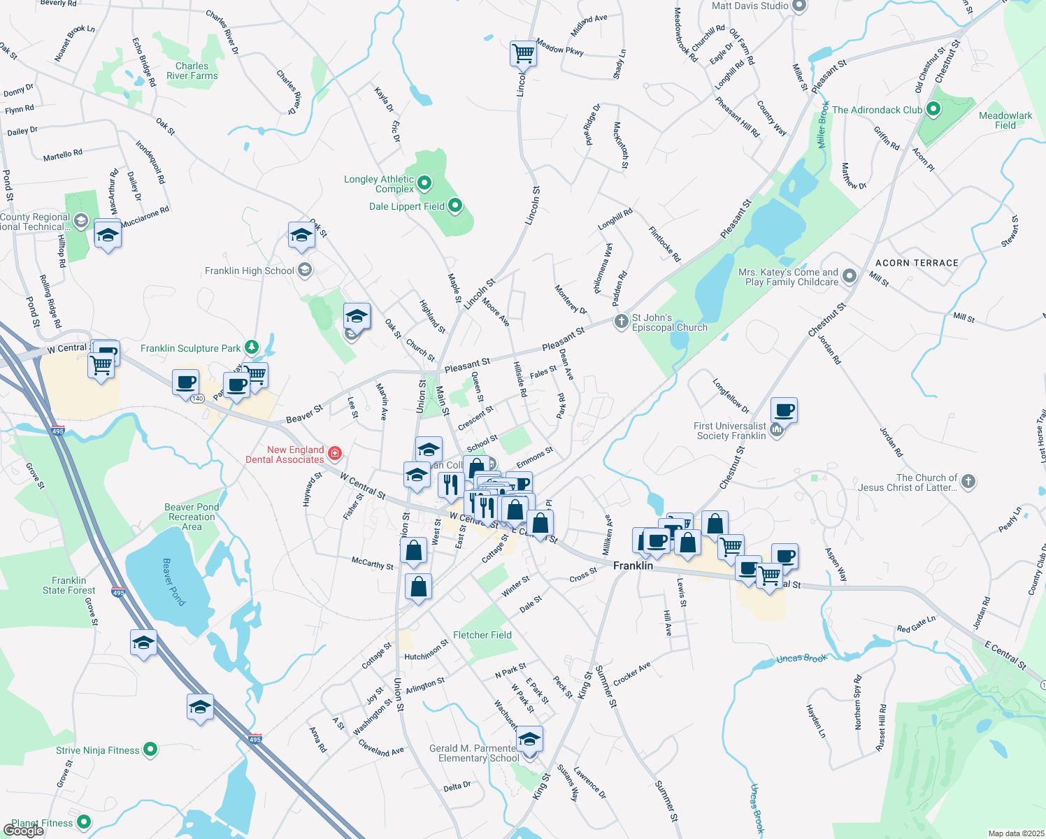 map of restaurants, bars, coffee shops, grocery stores, and more near 5 School St in Franklin