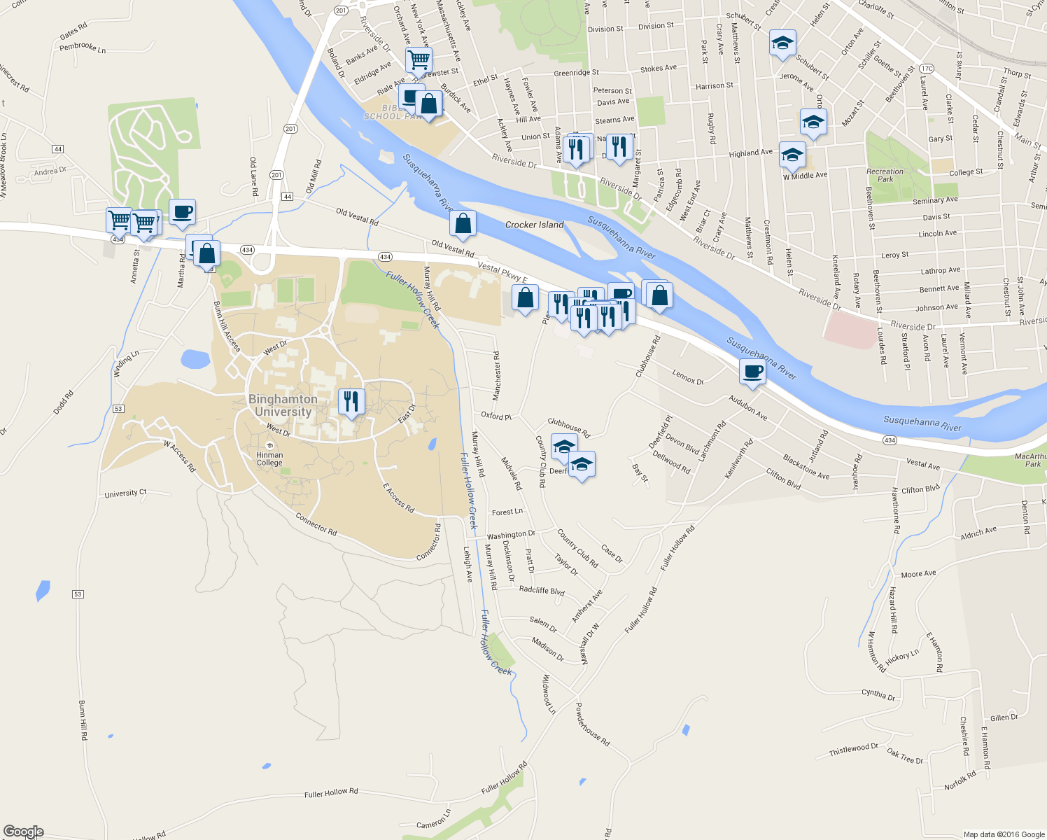map of restaurants, bars, coffee shops, grocery stores, and more near 608 Country Club Road in Vestal