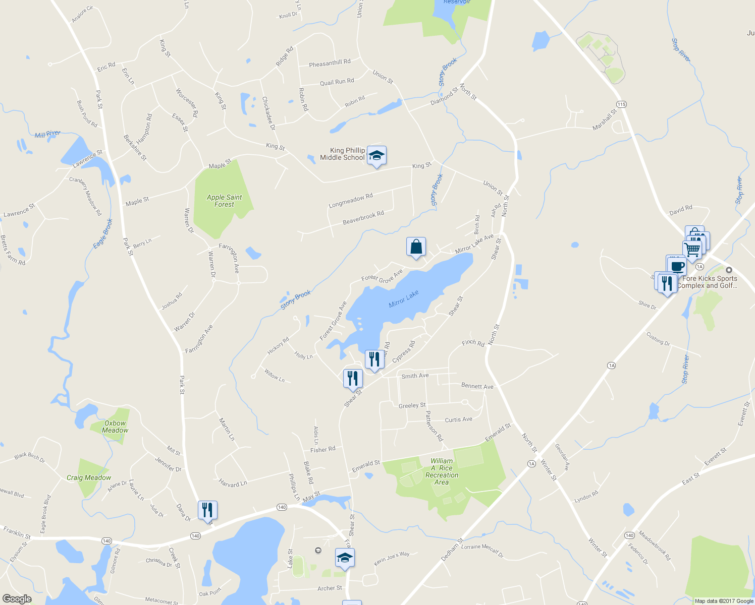 map of restaurants, bars, coffee shops, grocery stores, and more near 3 Mirror Lake Avenue in Wrentham