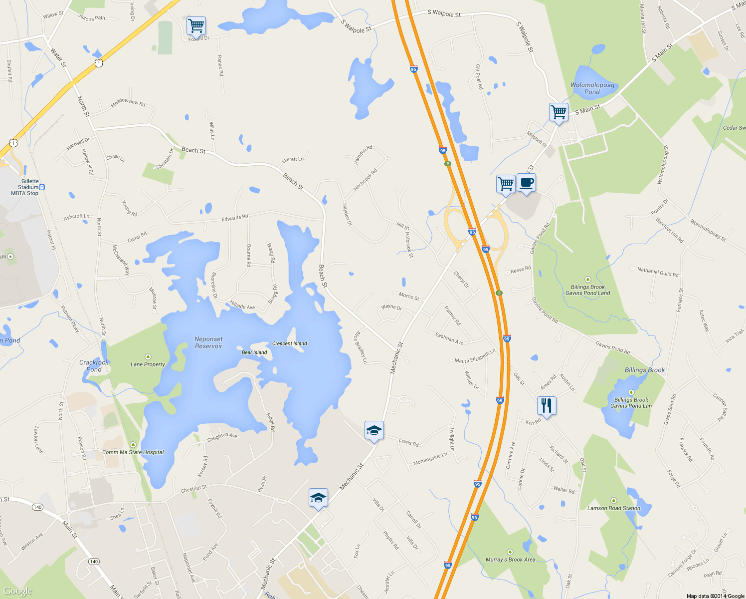 map of restaurants, bars, coffee shops, grocery stores, and more near 4 Ira Von Circle in Foxborough