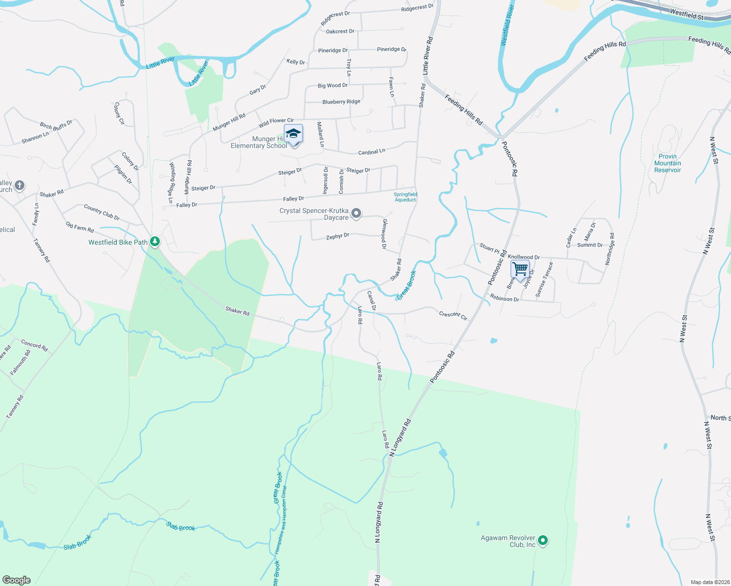 map of restaurants, bars, coffee shops, grocery stores, and more near 444 Shaker Road in Westfield
