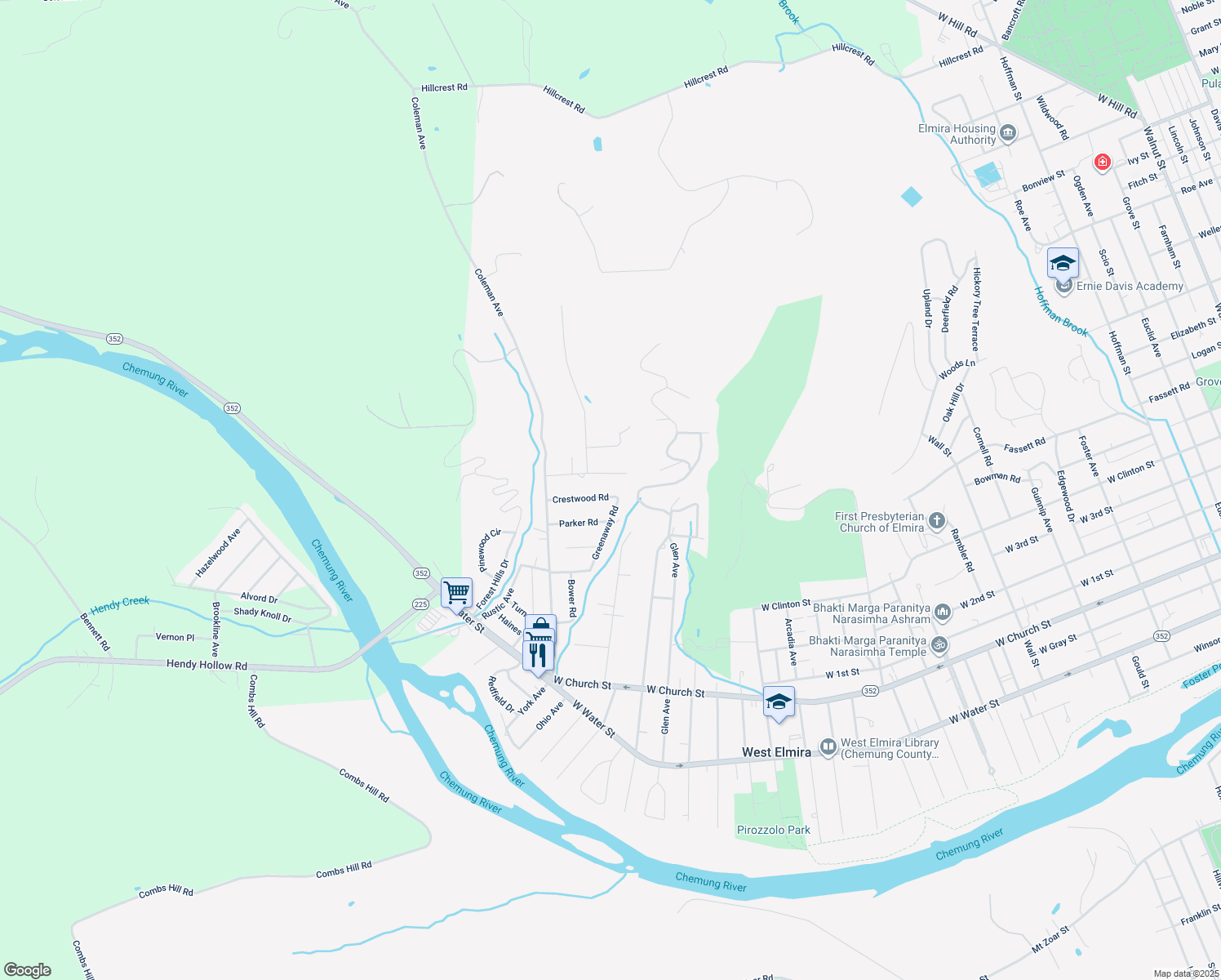 map of restaurants, bars, coffee shops, grocery stores, and more near 1712 Crestwood Rd in Elmira