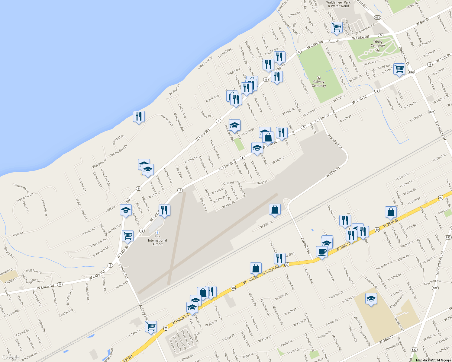 map of restaurants, bars, coffee shops, grocery stores, and more near 4018 Oxer Rd in Erie