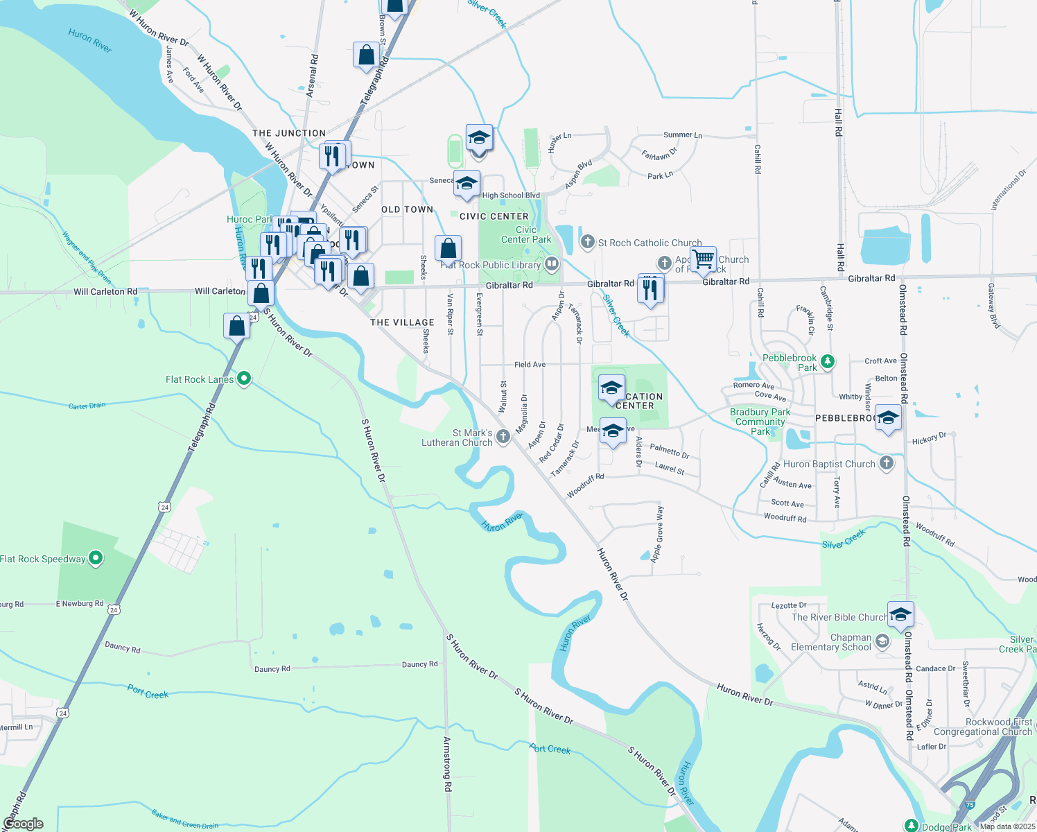 map of restaurants, bars, coffee shops, grocery stores, and more near 29794 Magnolia Drive in Flat Rock
