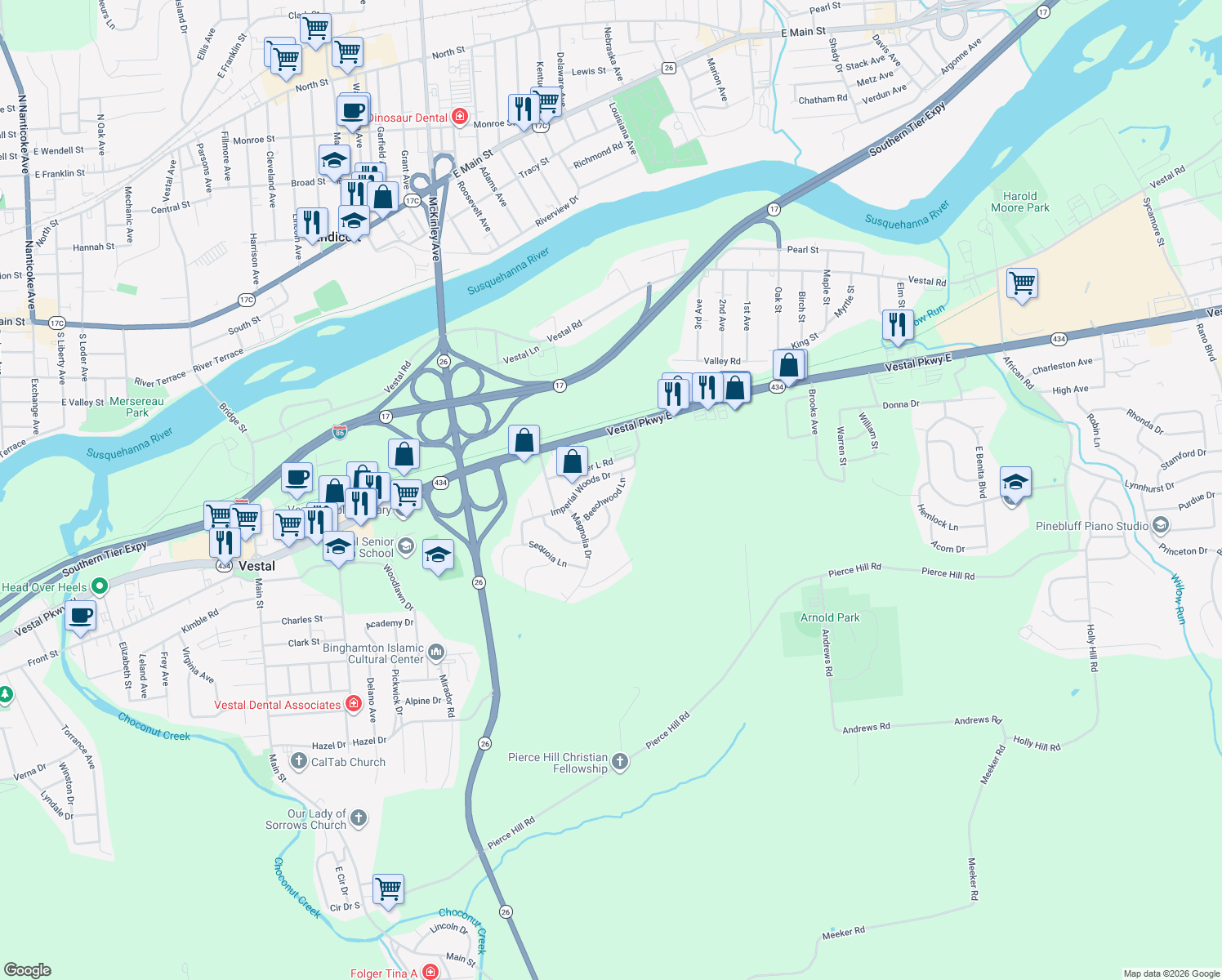 map of restaurants, bars, coffee shops, grocery stores, and more near 1005 Beechwood Lane in Vestal