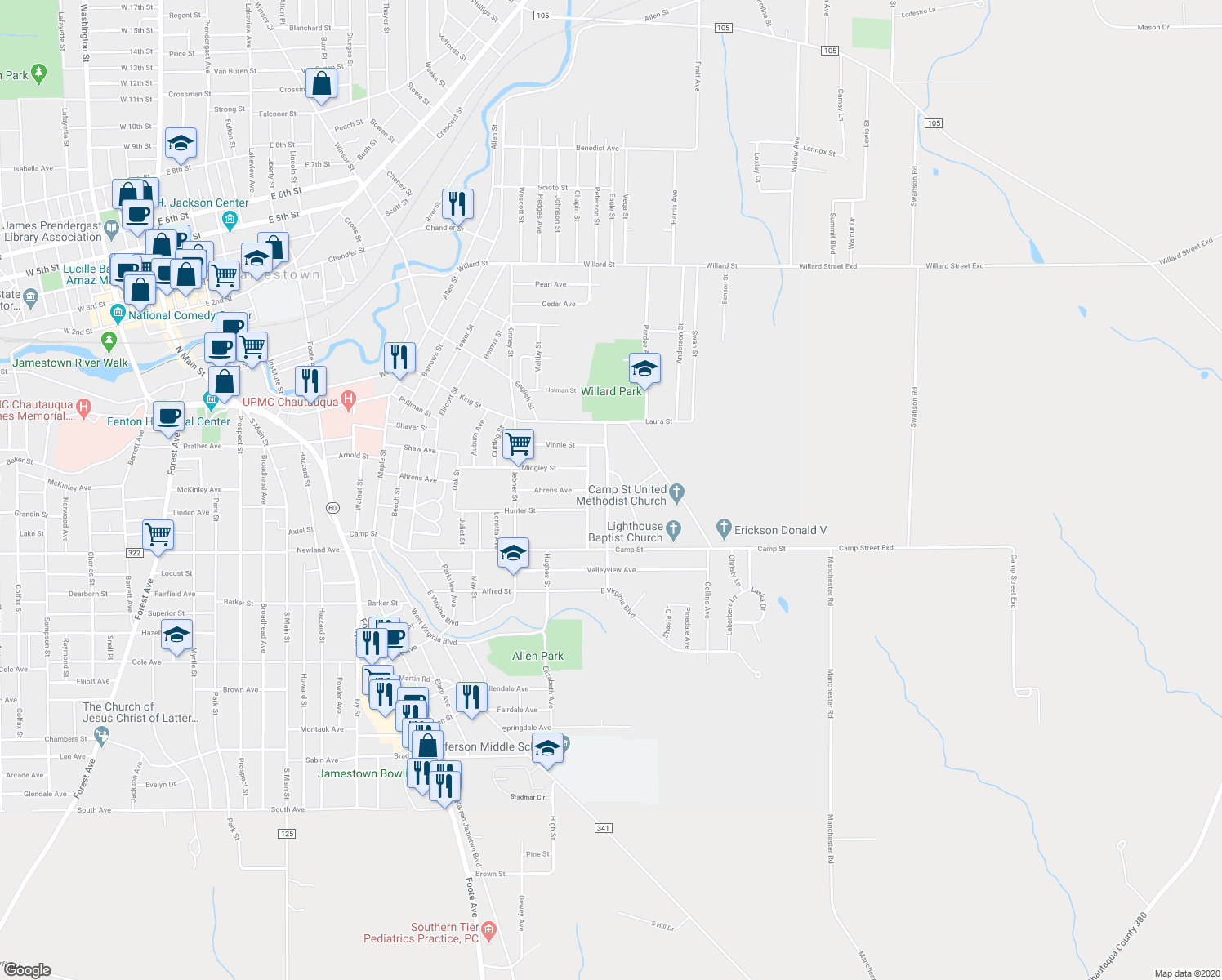 map of restaurants, bars, coffee shops, grocery stores, and more near 1 Laurie Lane in Jamestown