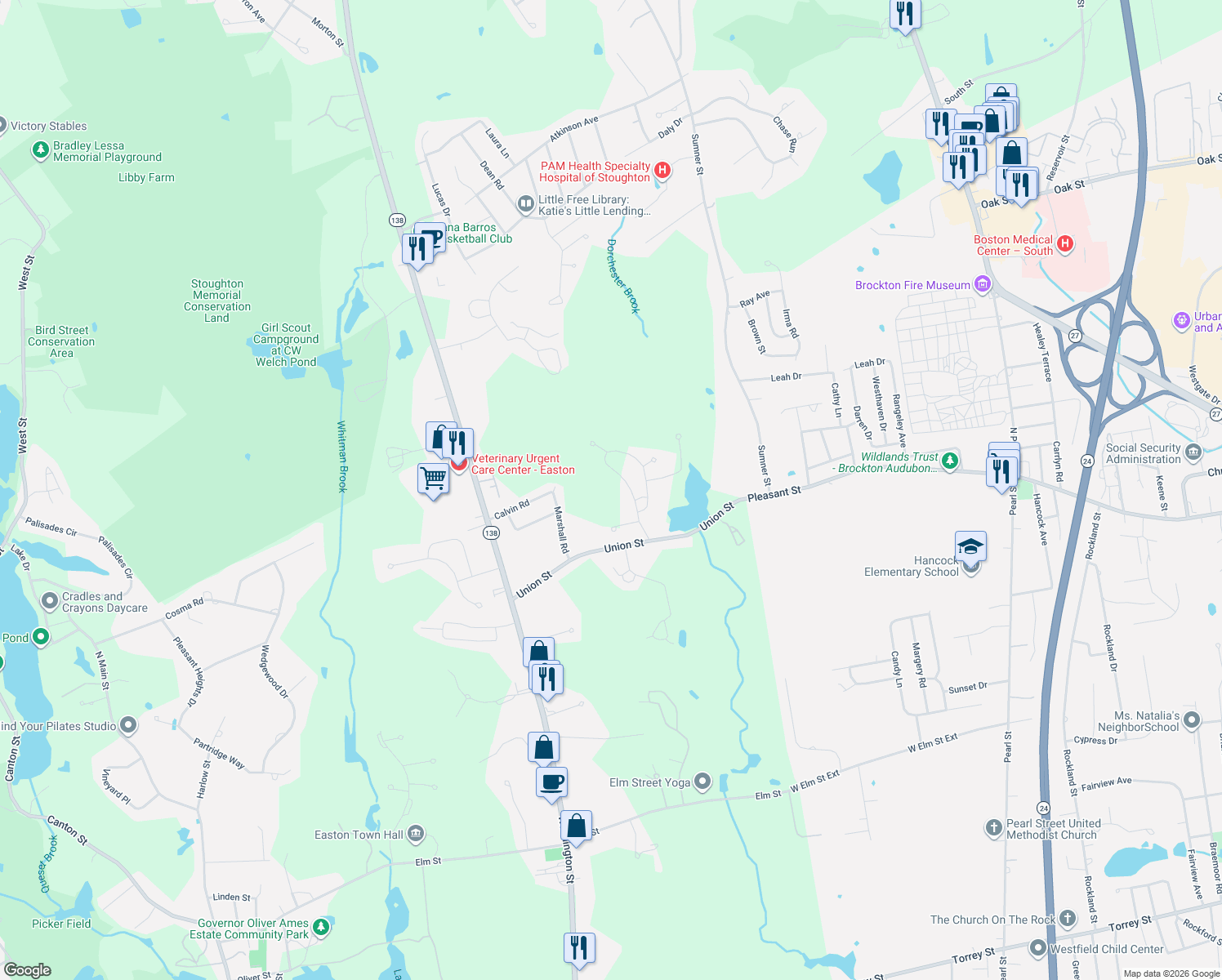 map of restaurants, bars, coffee shops, grocery stores, and more near 14 Clara Howard Way in Easton