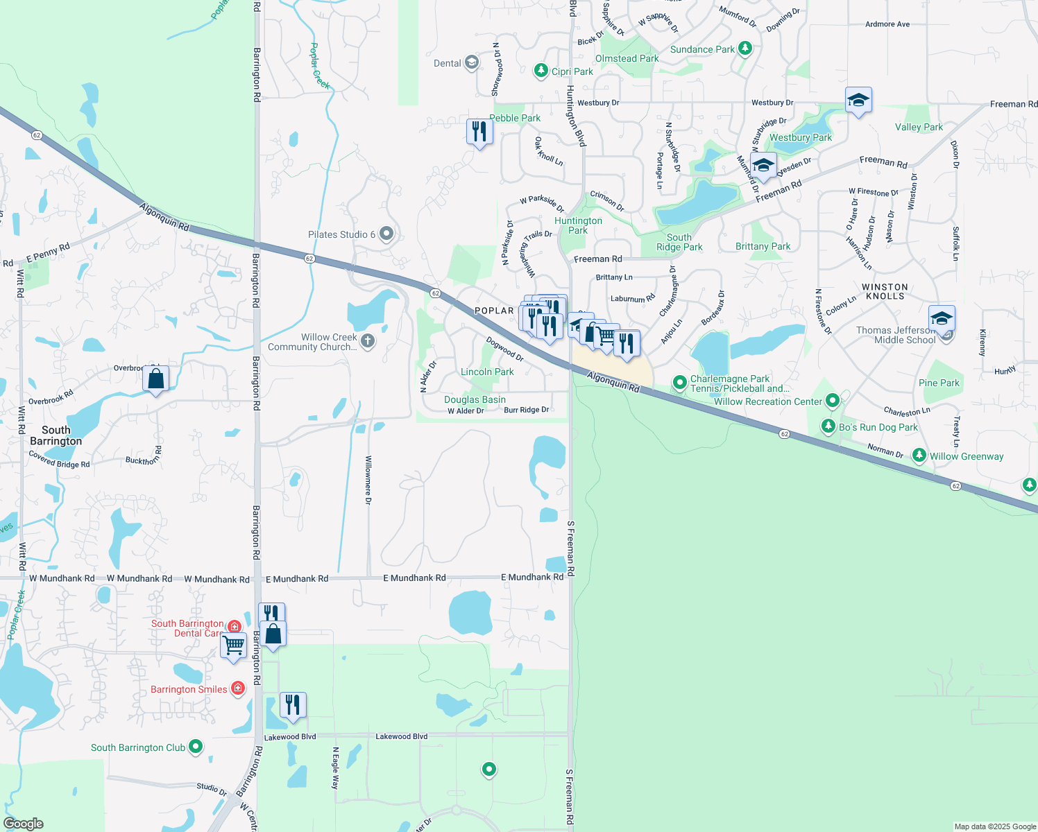 map of restaurants, bars, coffee shops, grocery stores, and more near 1829 Burr Ridge Drive in Hoffman Estates