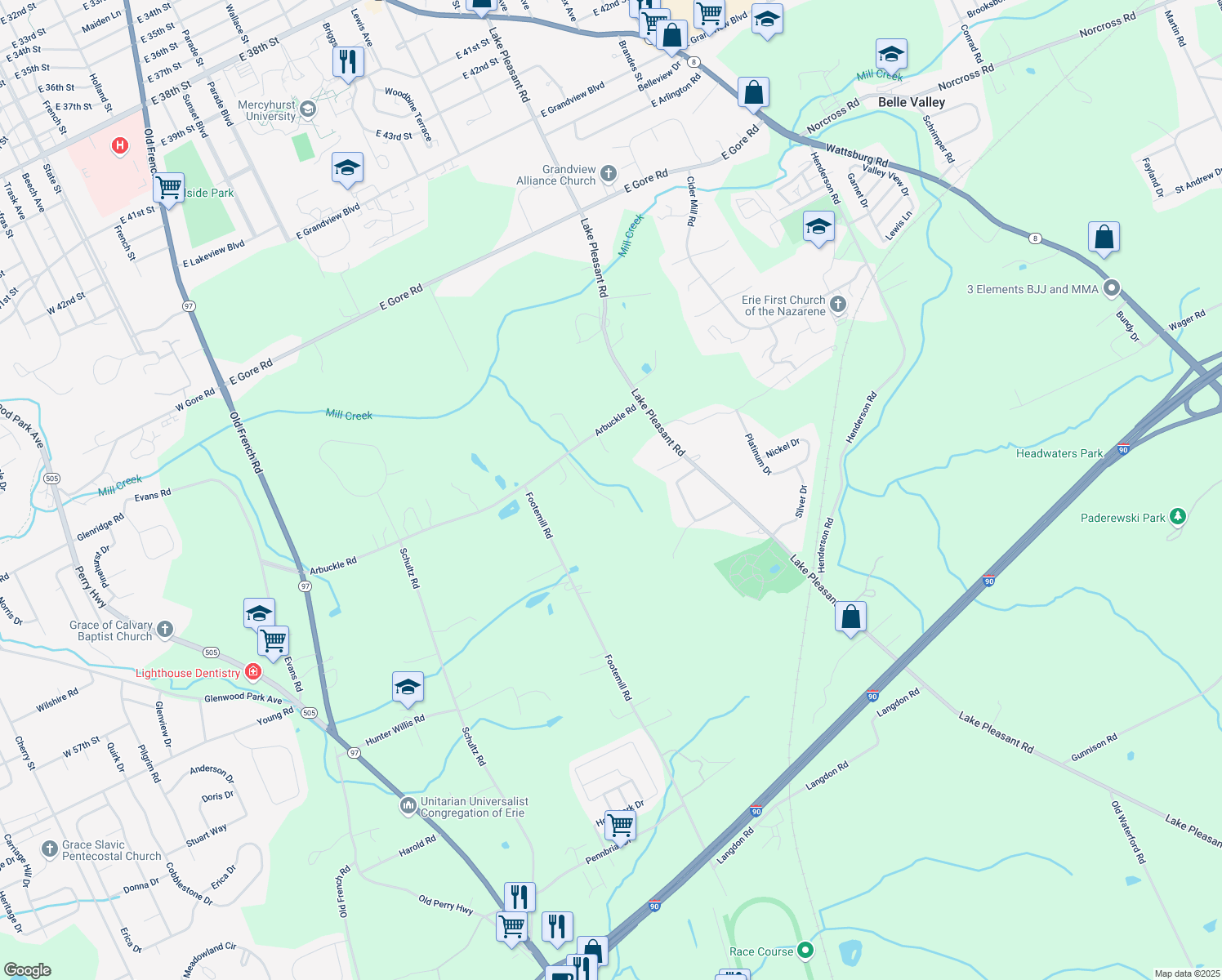 map of restaurants, bars, coffee shops, grocery stores, and more near 723 Arbuckle Rd in Erie
