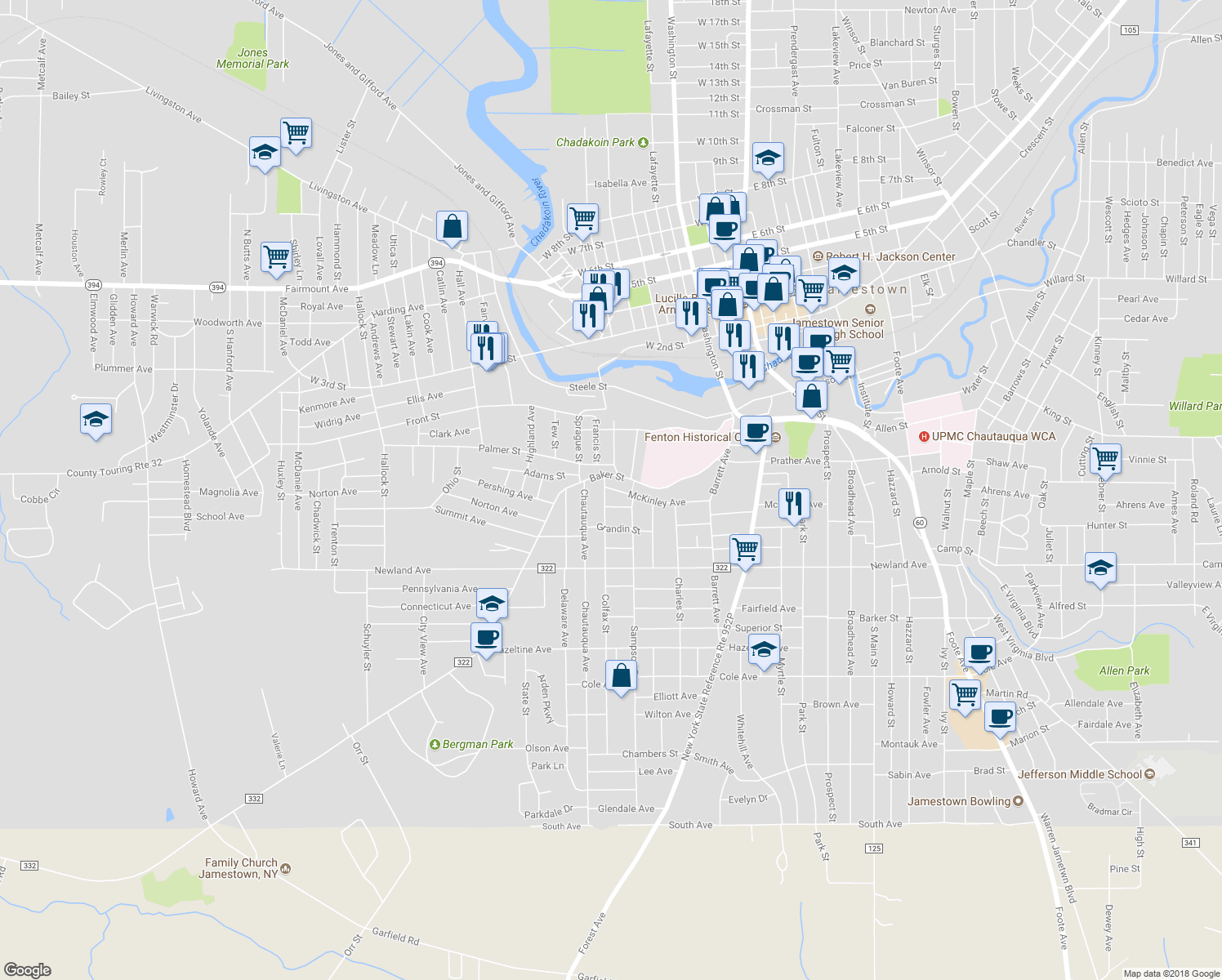map of restaurants, bars, coffee shops, grocery stores, and more near 234 McKinley Avenue in Jamestown