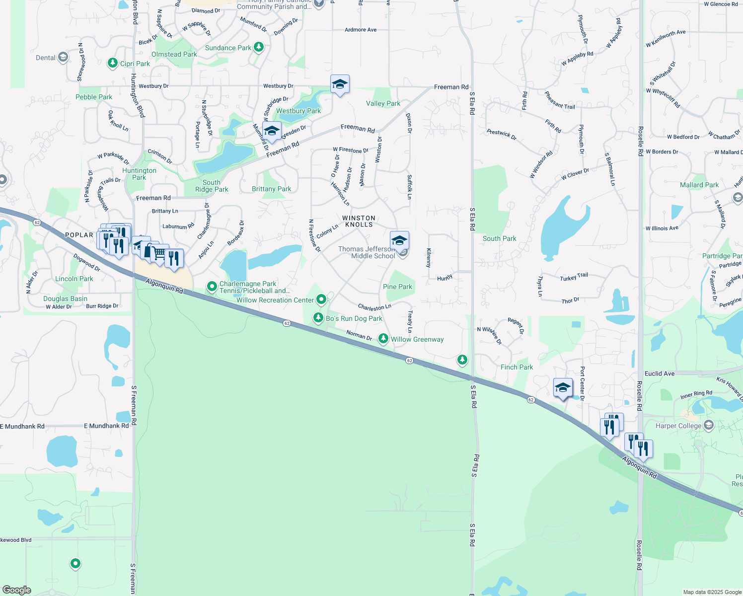 map of restaurants, bars, coffee shops, grocery stores, and more near 3630 North Firestone Drive in Hoffman Estates