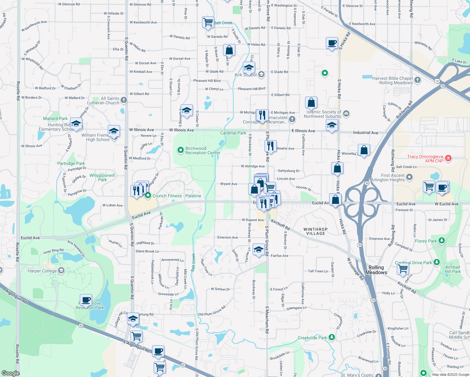 map of restaurants, bars, coffee shops, grocery stores, and more near 1115 South Smith Street in Palatine