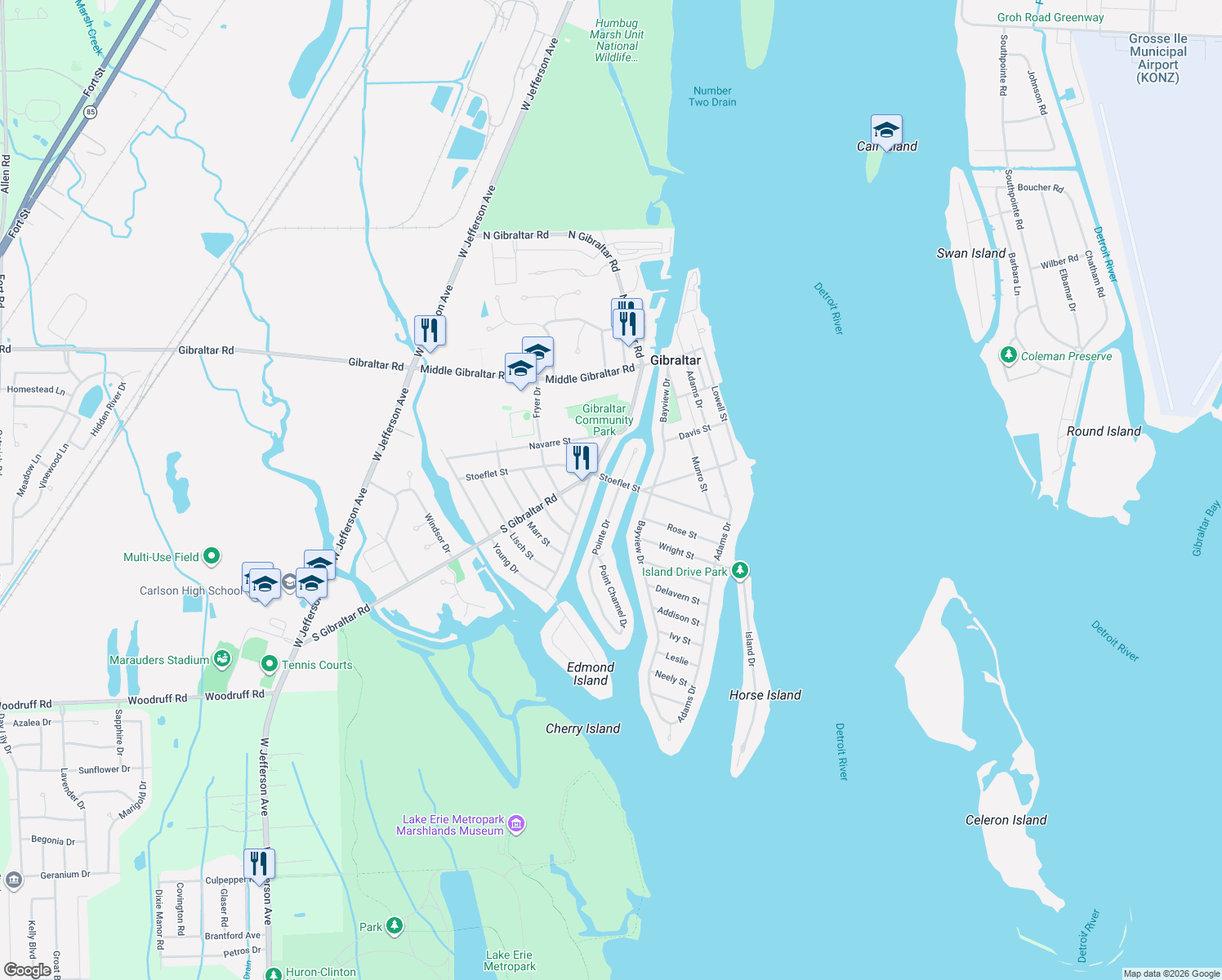 map of restaurants, bars, coffee shops, grocery stores, and more near 30024 Pointe Dr in Rockwood