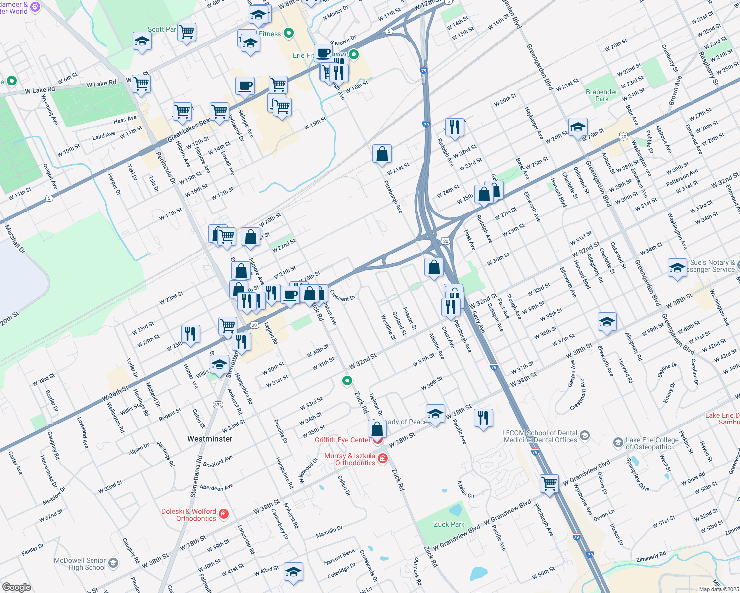 map of restaurants, bars, coffee shops, grocery stores, and more near 2810 Westline Street in Erie