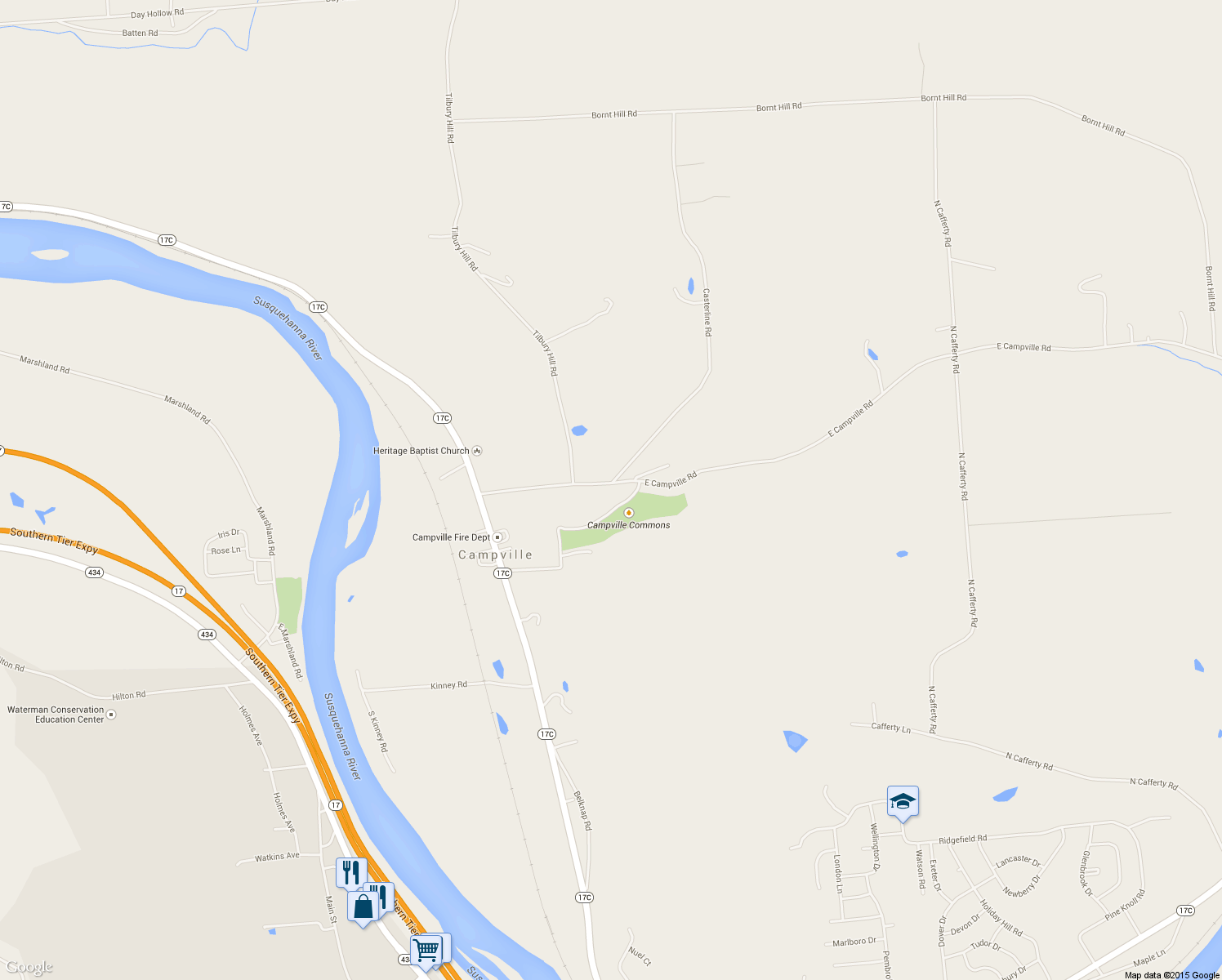 map of restaurants, bars, coffee shops, grocery stores, and more near 400 East Campville Road in Endicott