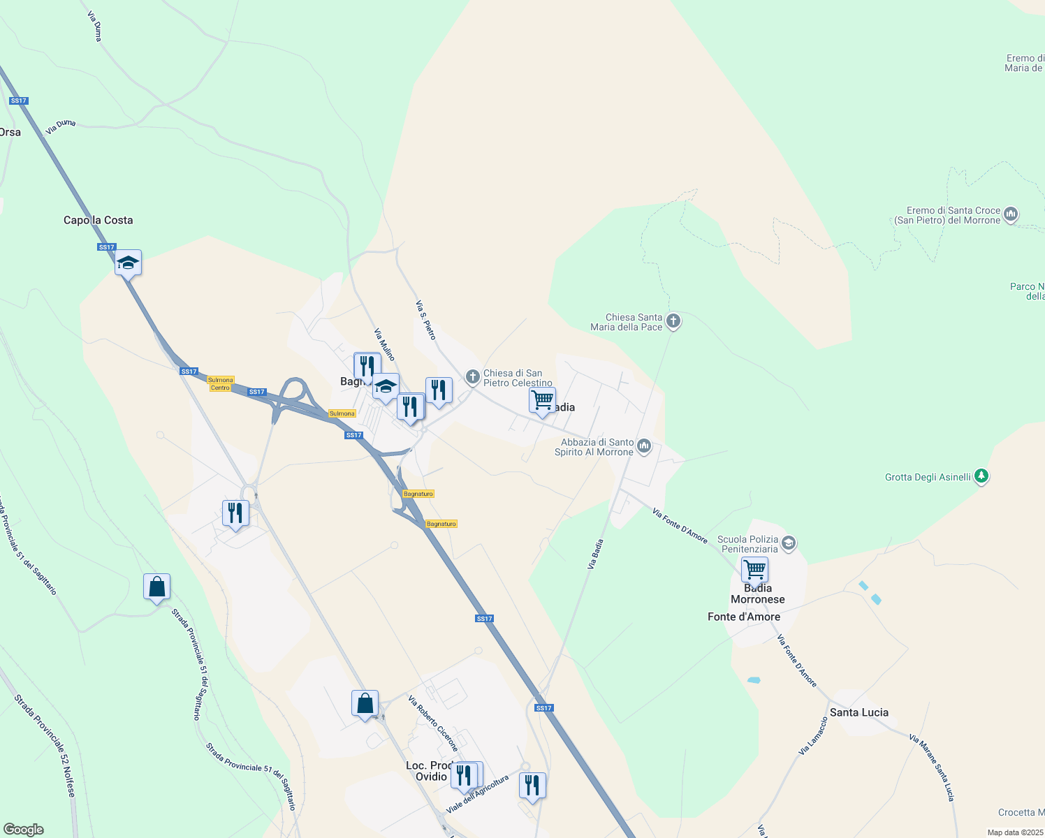 map of restaurants, bars, coffee shops, grocery stores, and more near 83 Via Caselupi in Badia-bagnaturo