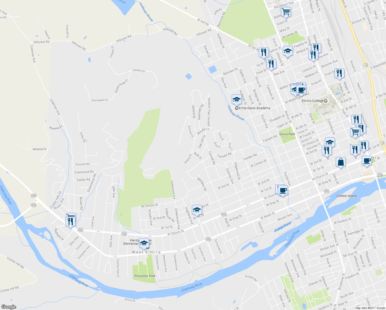 map of restaurants, bars, coffee shops, grocery stores, and more near 959 Upland Drive in Elmira
