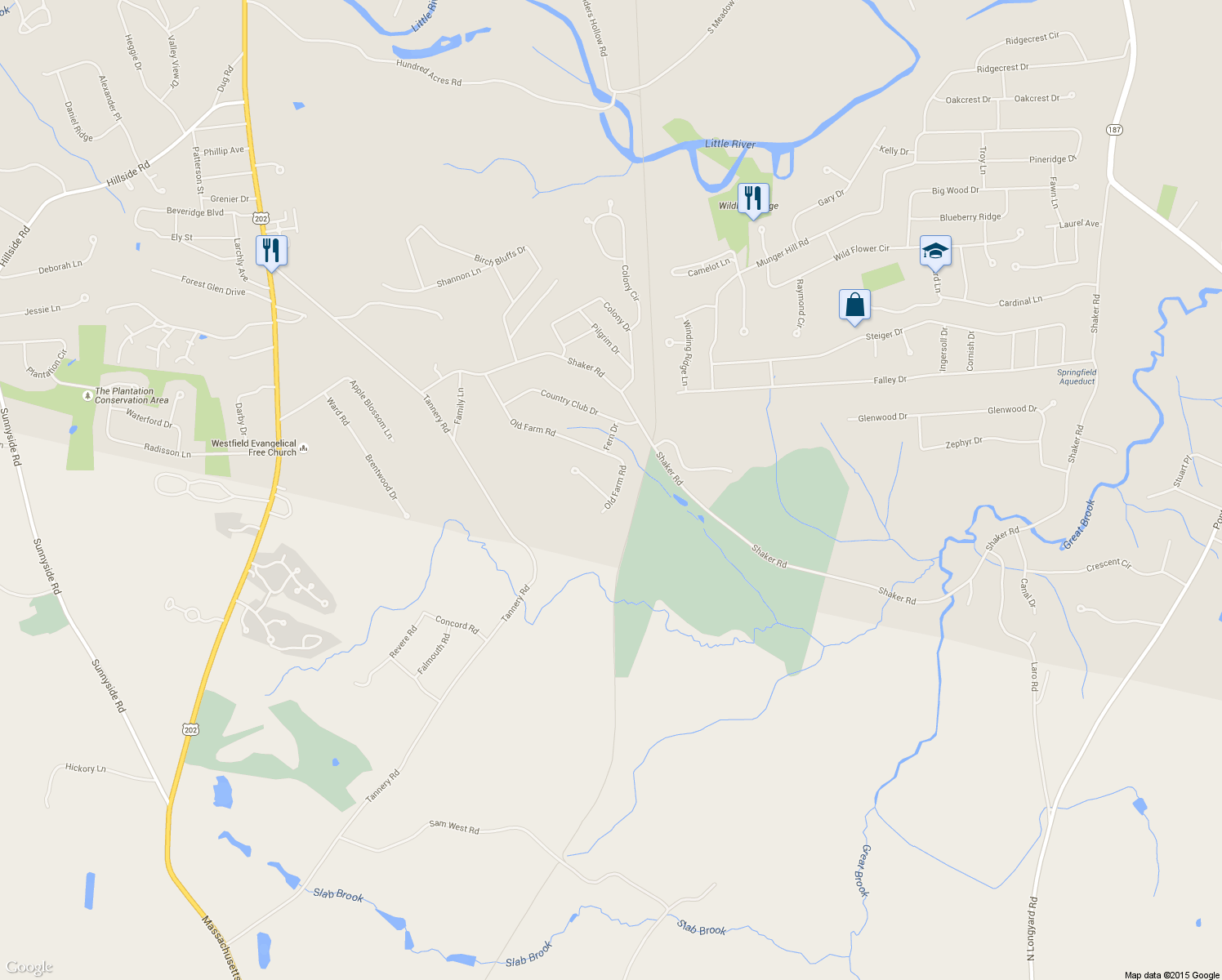 map of restaurants, bars, coffee shops, grocery stores, and more near 115 Old Farm Road in Westfield