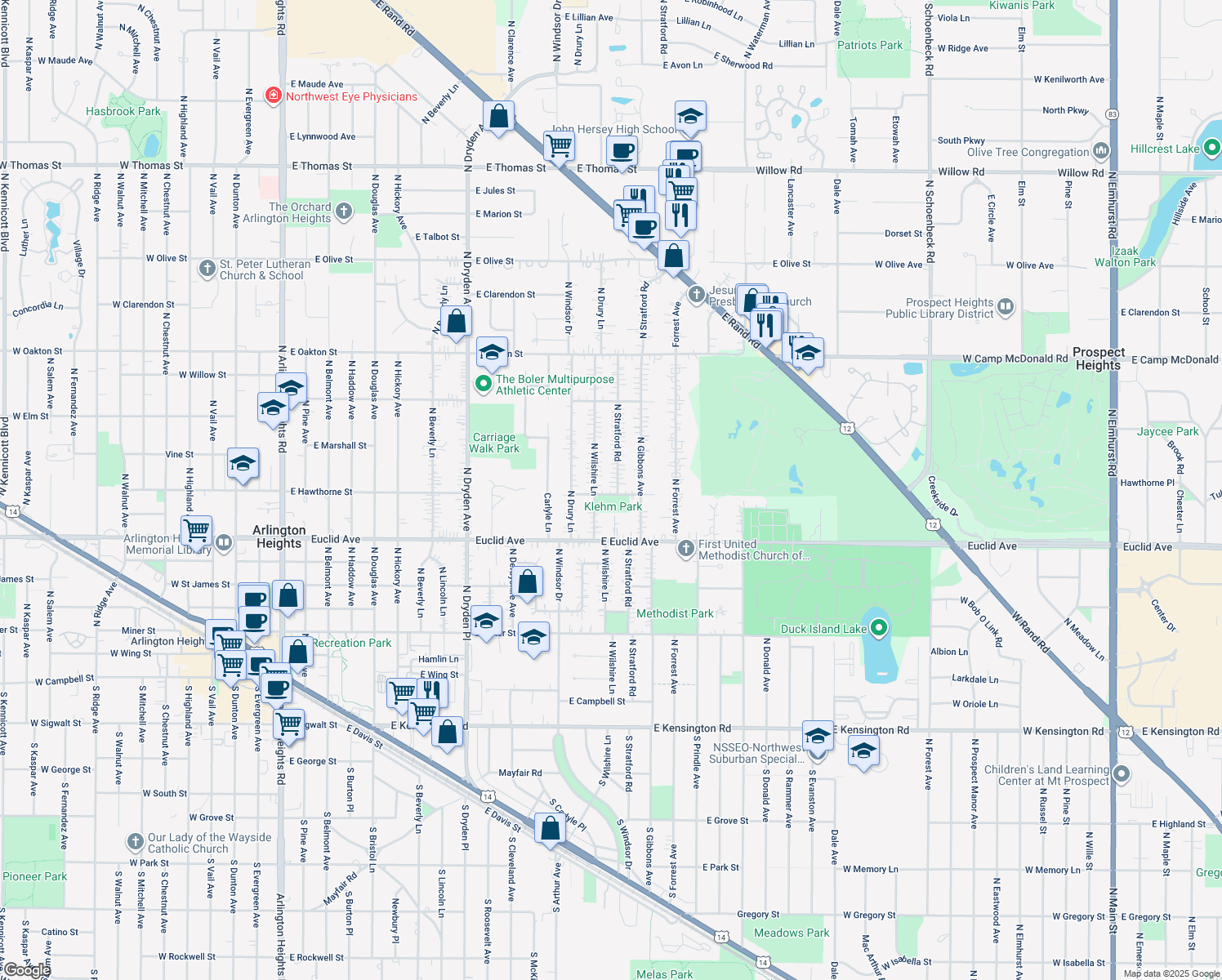 map of restaurants, bars, coffee shops, grocery stores, and more near 1616 E Hawthorne St in Arlington Heights