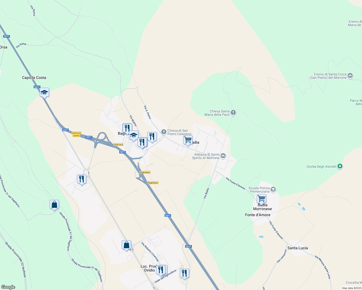 map of restaurants, bars, coffee shops, grocery stores, and more near 83 Via Caselupi in Badia-bagnaturo