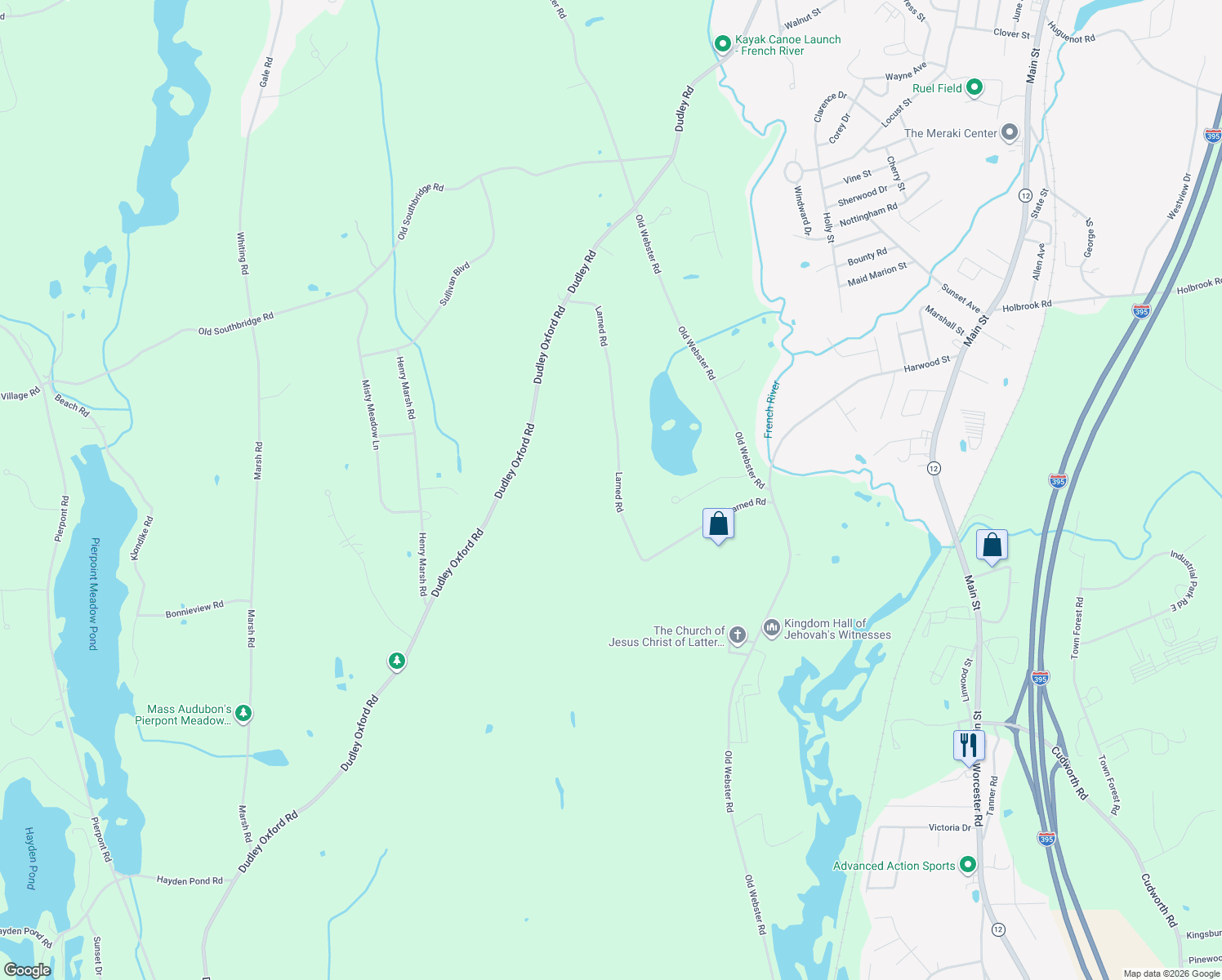 map of restaurants, bars, coffee shops, grocery stores, and more near 47 Larned Road in Oxford